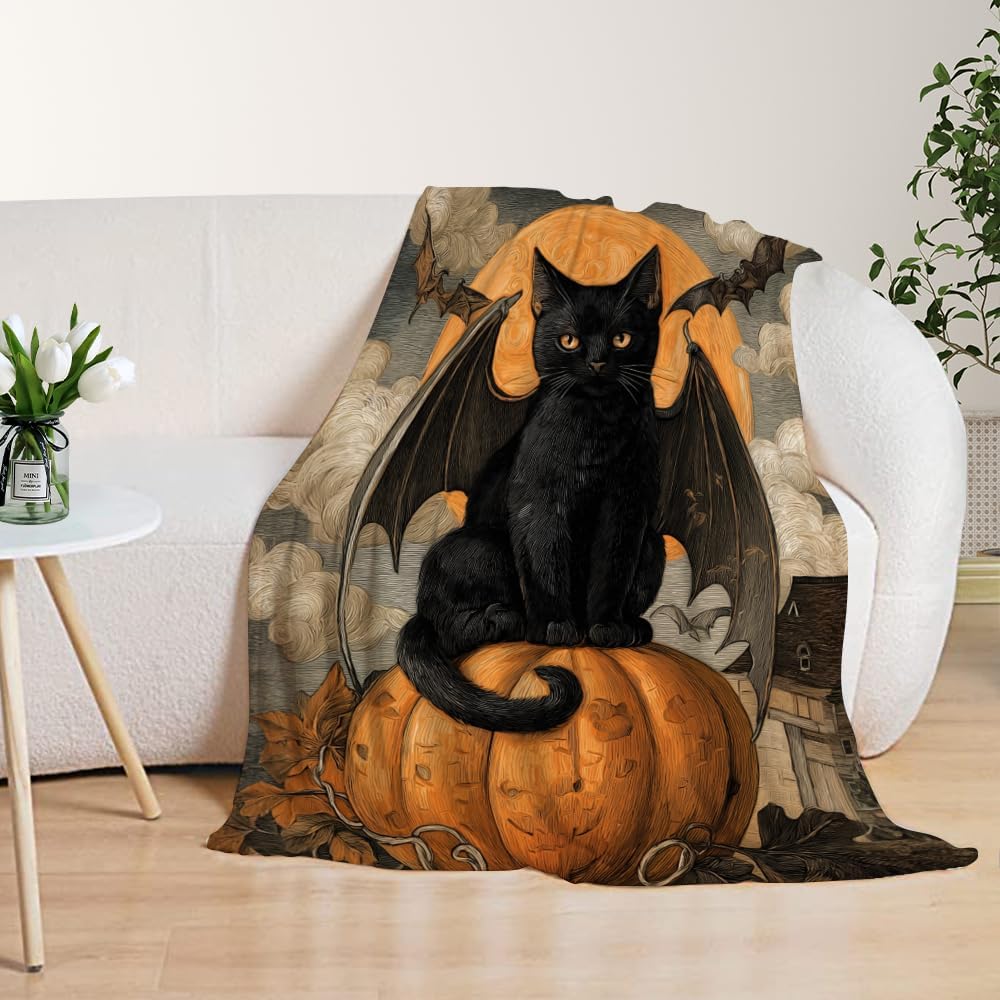 YeeJu Halloween Fleece Throw Blanket for Couch Sofa Lap Bed Living Room Black Cat Pumpkin Throw Blanket Cozy Soft Fuzzy Plush Blankets and Throws Bedroom Decorative Blanket 50x60 - Image 4