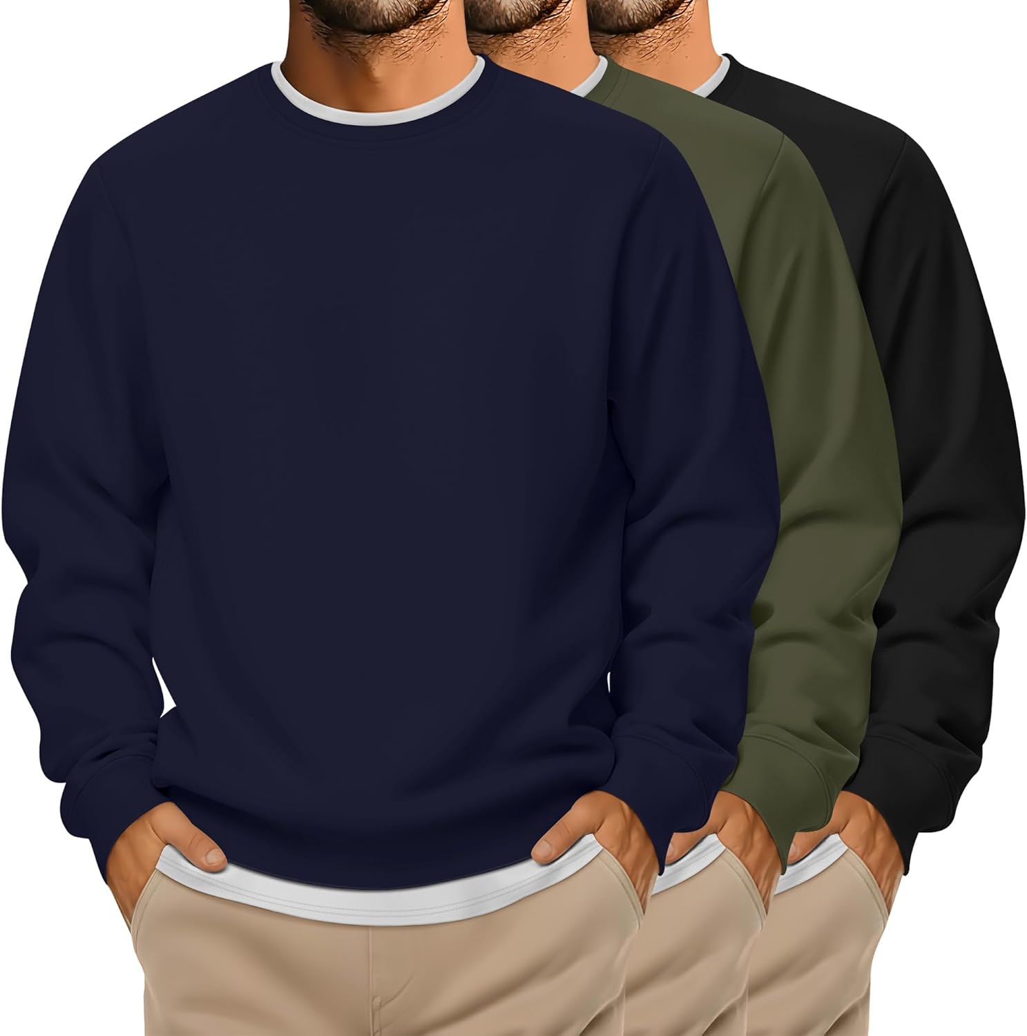 3 Packs Mens Big and Tall Sweatshirts Long Sleeve Crew Neck Pullover Shirts Lightweight Casual Basic Tops