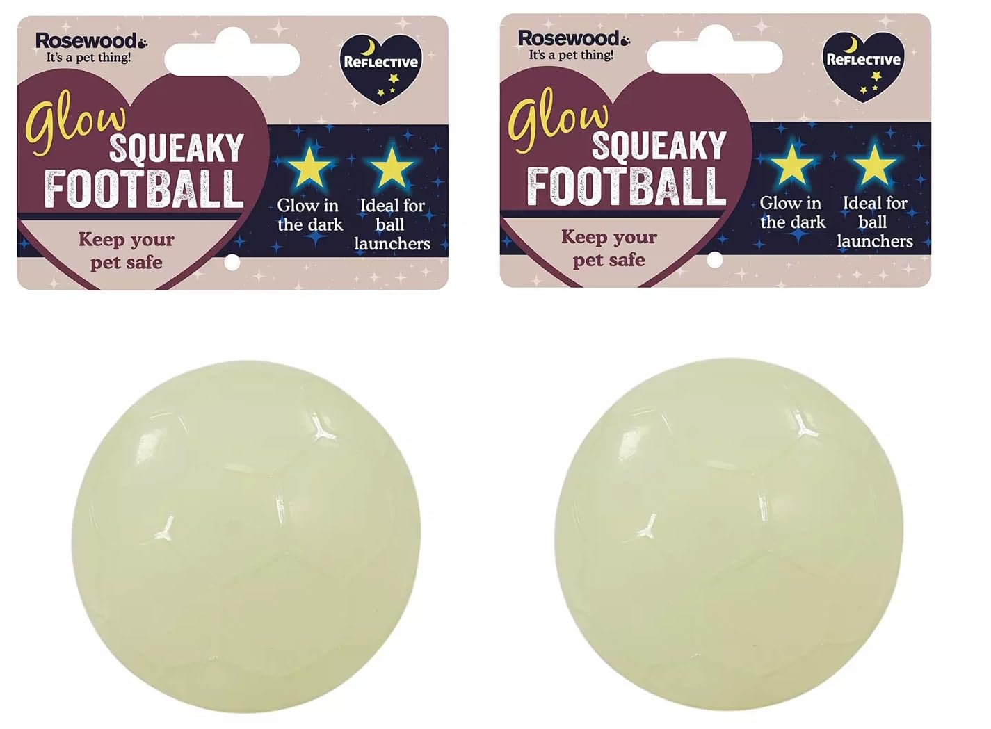 2 PACK ROSEWOOD GLOW IN THE DARK SQUEAKY FOOTBALL DOG PUPPY TOY BALL FITS LAUNCHERS