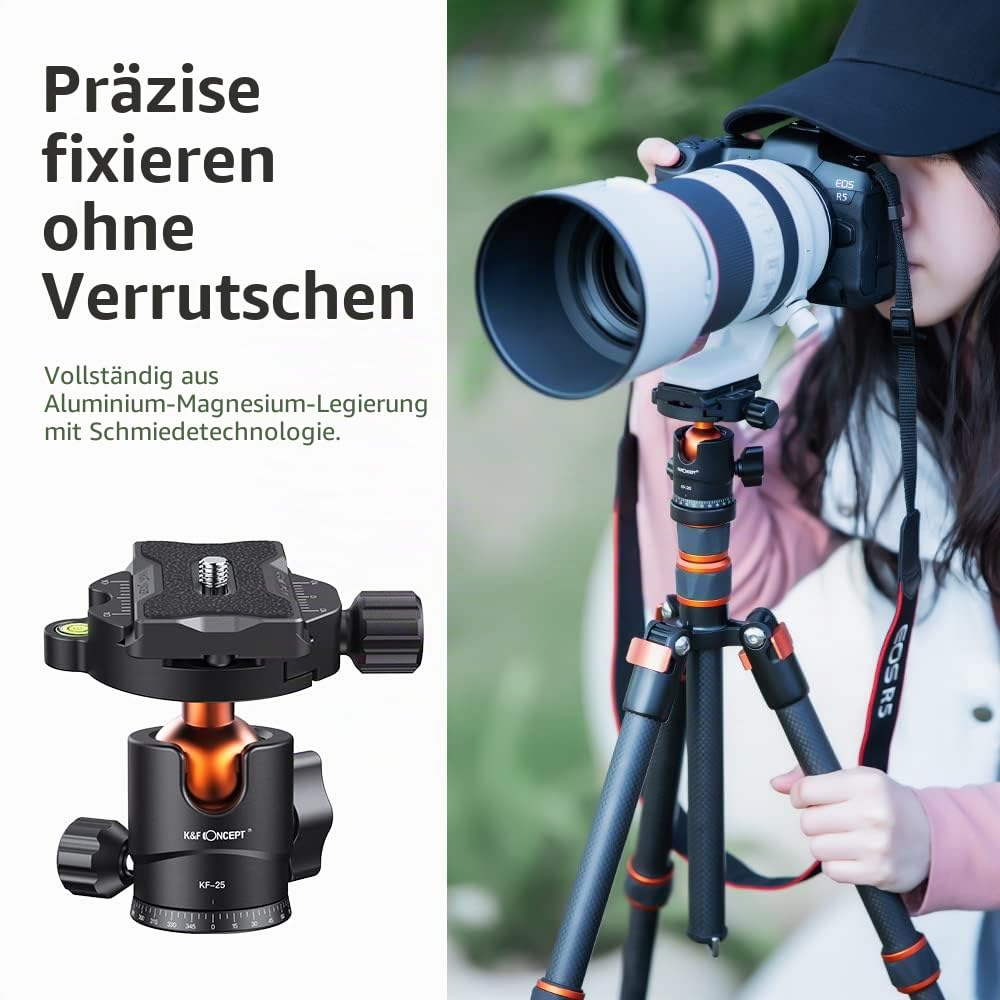 K&F CONCEPT KF25 Kugelkopf Stativkopf, Kamera Kugelkopf mit 1/4 Zoll Schnellwechselplatte und Wasserwaagee, 8 kg Tragkraft, für Stativ, Einbeinstativ, Kamera Slider, Spiegelreflexkamera