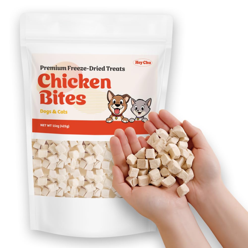 HEY CHU Freeze Dried Raw Single Ingredient Chicken Bite Dog & Cat Treats – 15oz Chicken Breast - High Protein, Grain Free, Bite-Sized, Weight Control