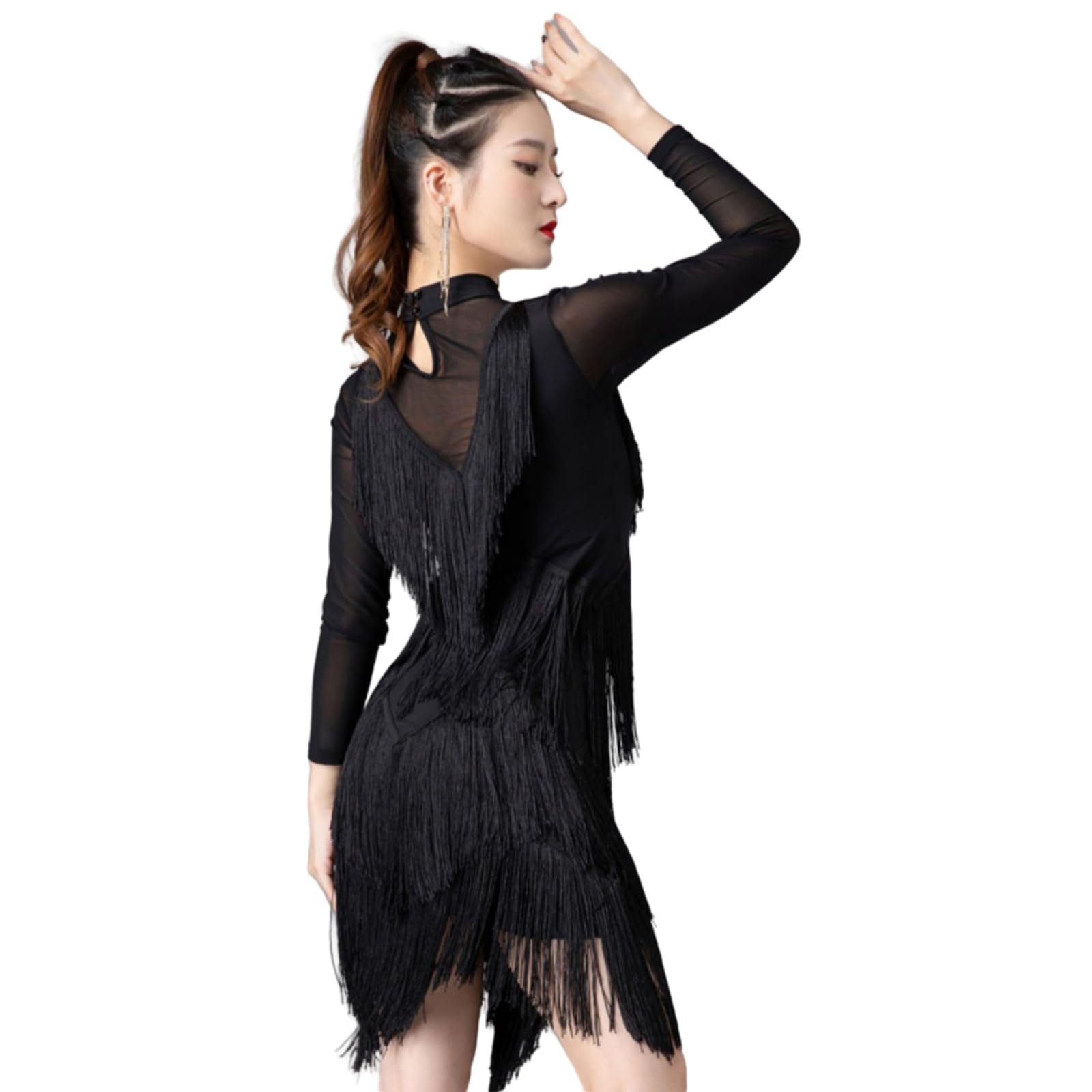 Damen Latein-Tanzkleider, Rollkragen Lange Ärmel Latein-Wettkampfkleid Unregelmäßiger Rock Mit Fransen Ballsaal Salsa Samba-Rock