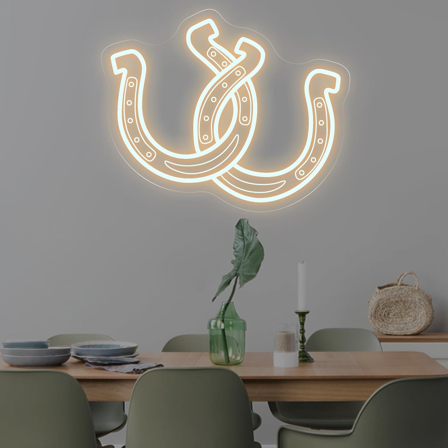 Double Horseshoe Neon Sign – 16" x 13" Warm White Lucky Horseshoe LED Light for Bedroom, Living Room, Bar, Game Room, Farmhouse, Ranch, Western Decor