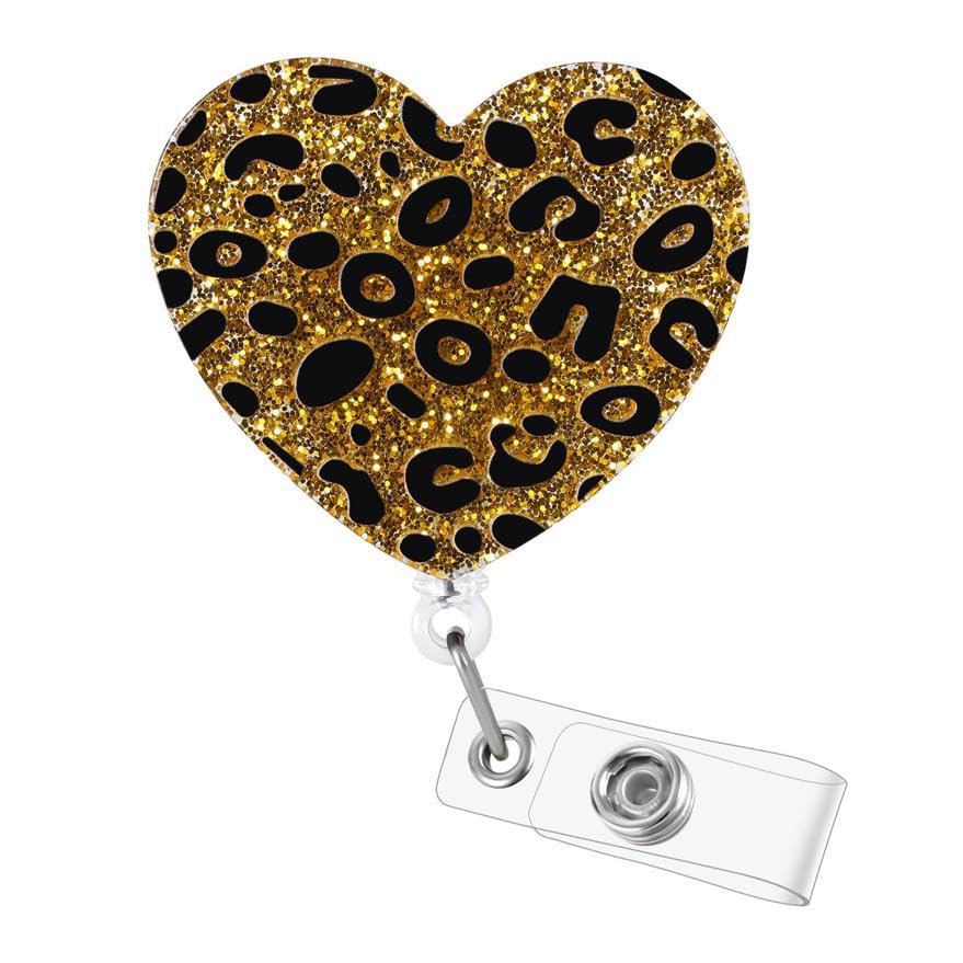 Gold Leopard Print Badge Reel Cute Heart Shaped Nurse Badge Holder with Alligator Clip, Retractable Medical Worker Badge Clip for Nursing Doctor