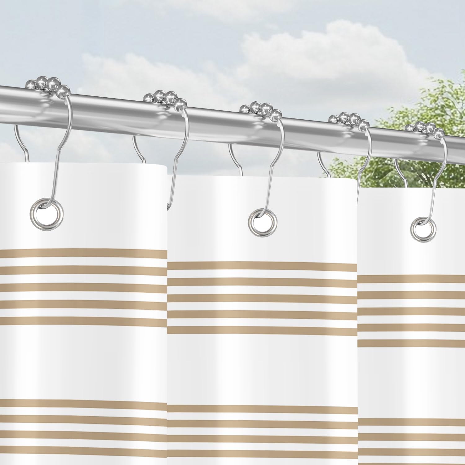 Tenda da doccia con anelli in metallo 180x200 cm, motivo a righe beige, fondo pesante antimuffa, in tessuto impermeabile, lavabile, set di tende da bagno in poliestere con occhielli per bagno, vasca