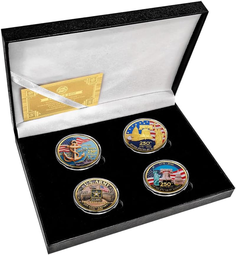 U.S. Army 250th Anniversary Commemorative Gold-Plated Challenge Coin, Double-Sided High Relief Military Collectible for Veterans, 1775-2025 (Type ABCD)