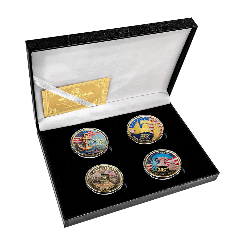 U.S. Army 250th Anniversary Commemorative Gold-Plated Challenge Coin, Double-Sided High Relief Military Collectible for Veterans, 1775-2025 (Type ABCD