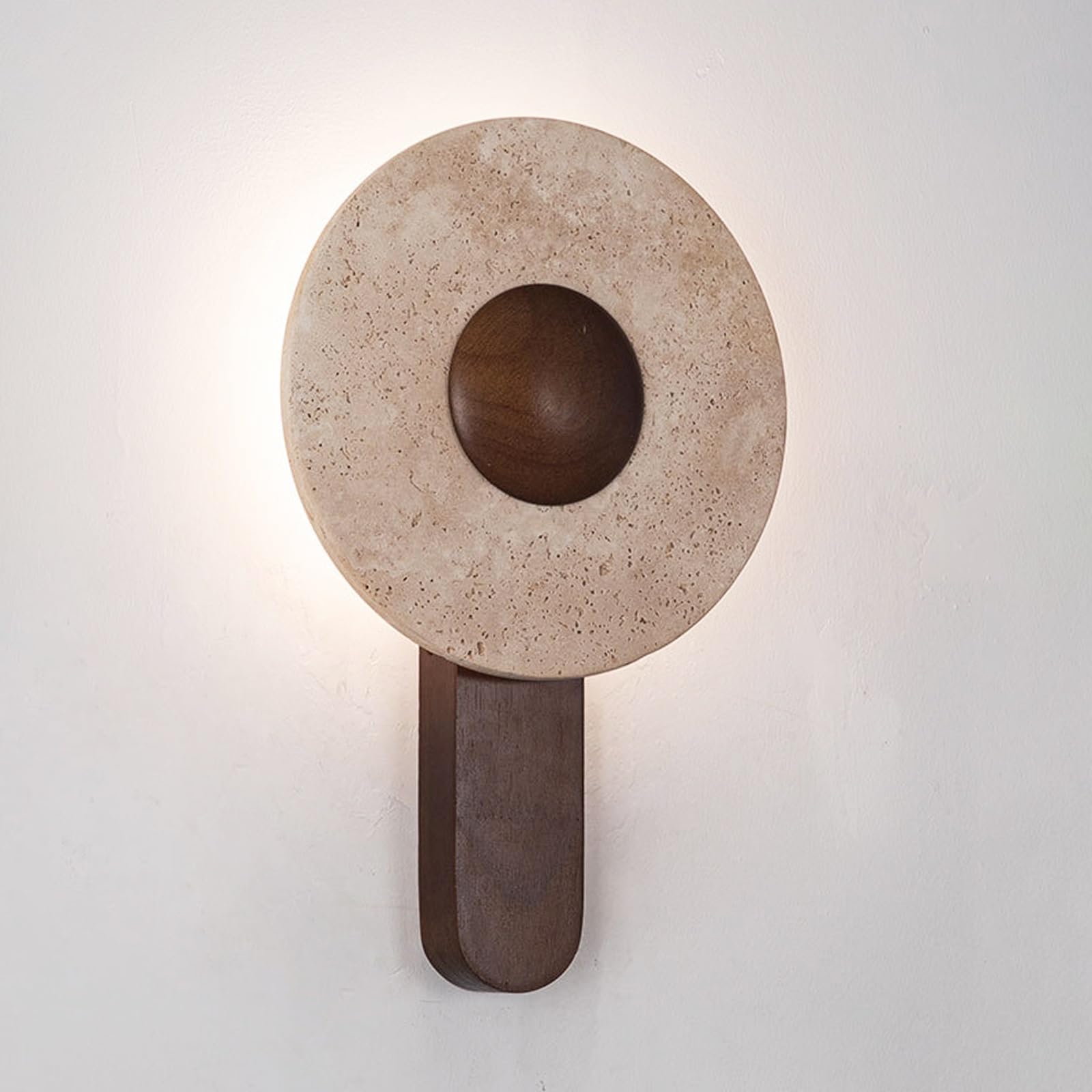 SMCCYYSD Modern Round Yellow Travertine Wall Sconce, Walnut Wood Grain Bracket, 8W LED 3000K Warm White, Wabi Sabi Mounted Lamp for Bedroom Living Room Hallway(25cm)