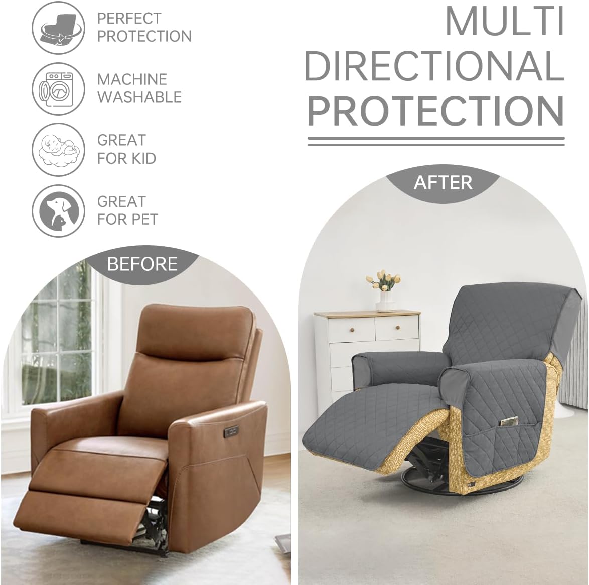 100% Waterproof Recliner Chair Covers,1-Piece Couch Covers for Reclining Chair/Sofa Covers Washable Furniture Protector with Elastic Straps Pocket for Kids, Pets (Dark Grey)