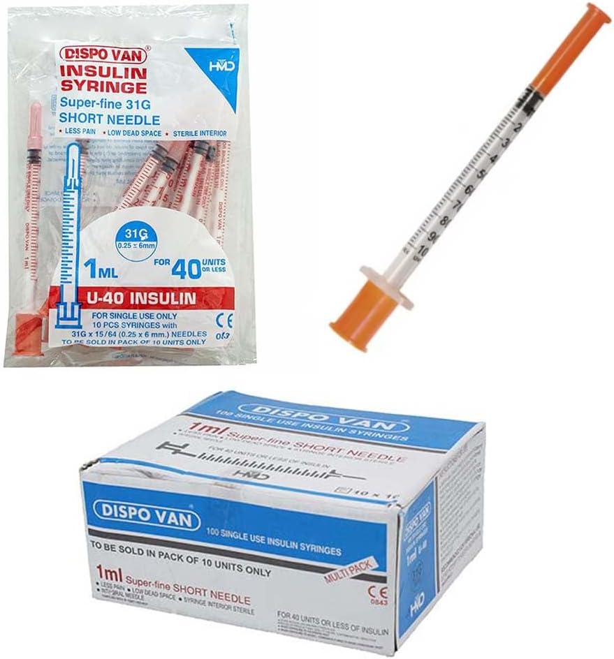 Dispovan 1ml Single syringe 31G U-40 6mm Use BD Insulin Syringe With Needle (Pack Of 30 Pcs) One Month Pack (Multicolor)