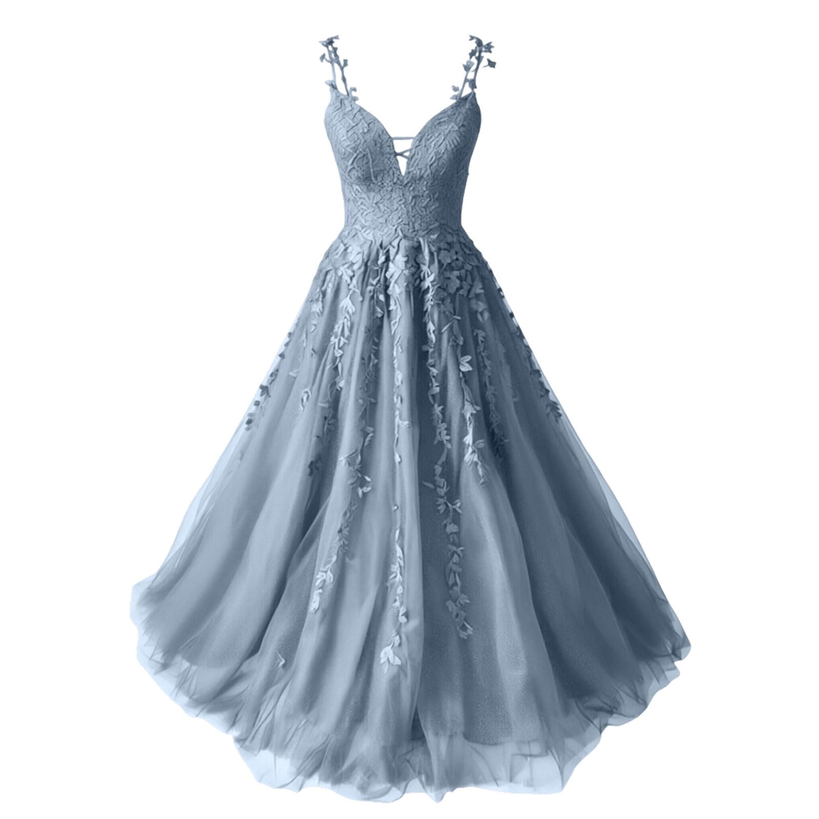 Damen Chiffon Ballkleider Lang V-Ausschnitt Spitzenapplikationen Brautjungfernkleid A-Linie Abendkleider mit Schlitz