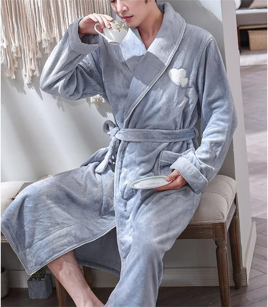 Bathrobe Men's Autumn and Winter Lengthened and Thick Nightgown Plus Size Flannel Soft and Warm Home Service