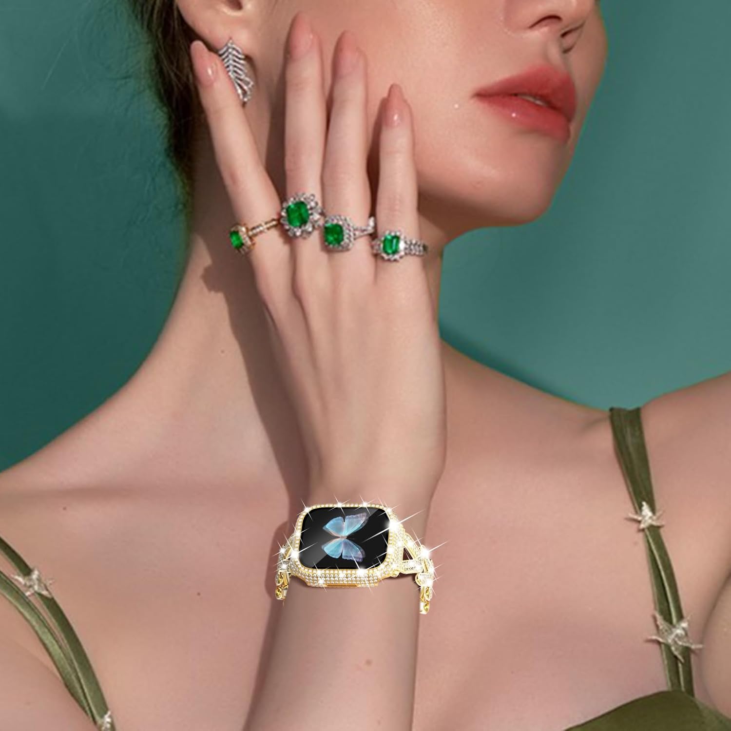 WINGLE Compatible for Gold Apple Watch Band Women 44mm SE 3/2/1 Series 6 5 4 with Diamond Screen Protector Case, Luxury Sparkle Rhinestone Crystal Bling Metal Band Designer Chain Bracelet 44 mm - Image 8