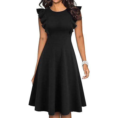 IHOT Women's Vintage Ruffle Floral Flared A Line Swing Casual Cocktail Party Dresses with Pockets