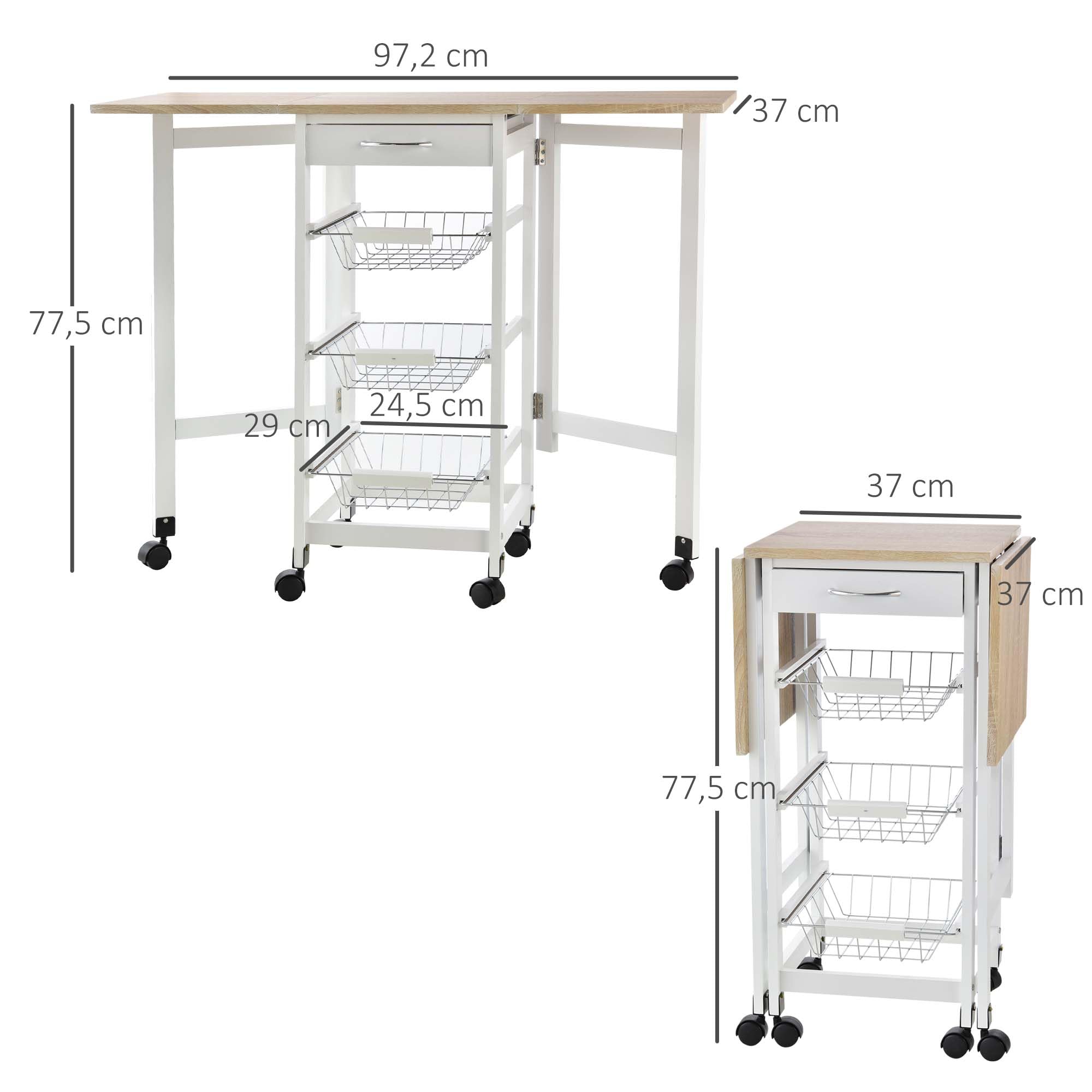 HOMCOM Chariot de Service Multi-Rangements Tiroir MDF Blanc Chêne Clair | Desserte de Cuisine à Roulettes, 3 Paniers Métal, Rallonges