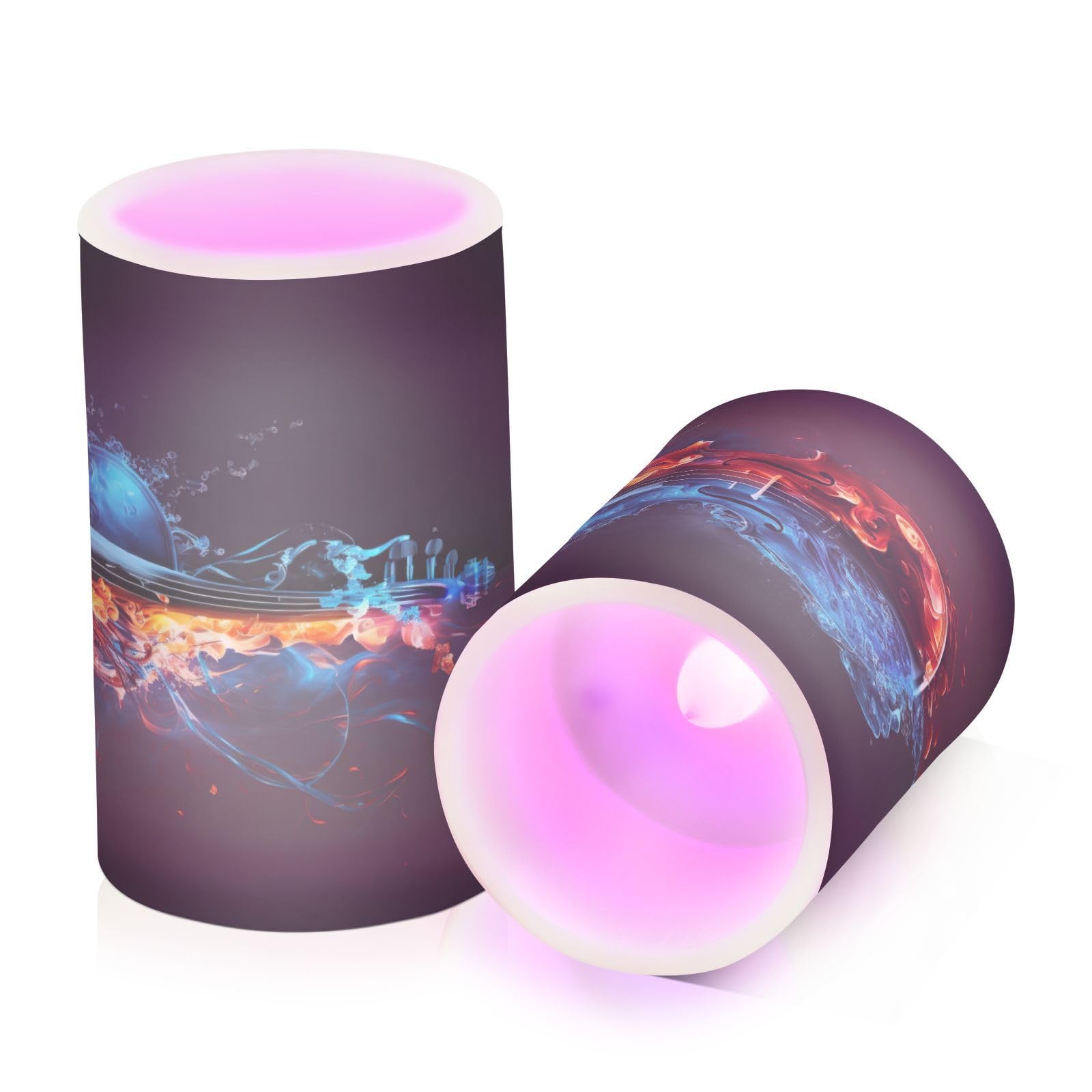 Violin-fire Print Flameless Pillar Plastic Led Candles, Battery Operated with Remote/Timer Color Changing Soft Light, Set of 2 for Festival, Wedding,Home Party Decor