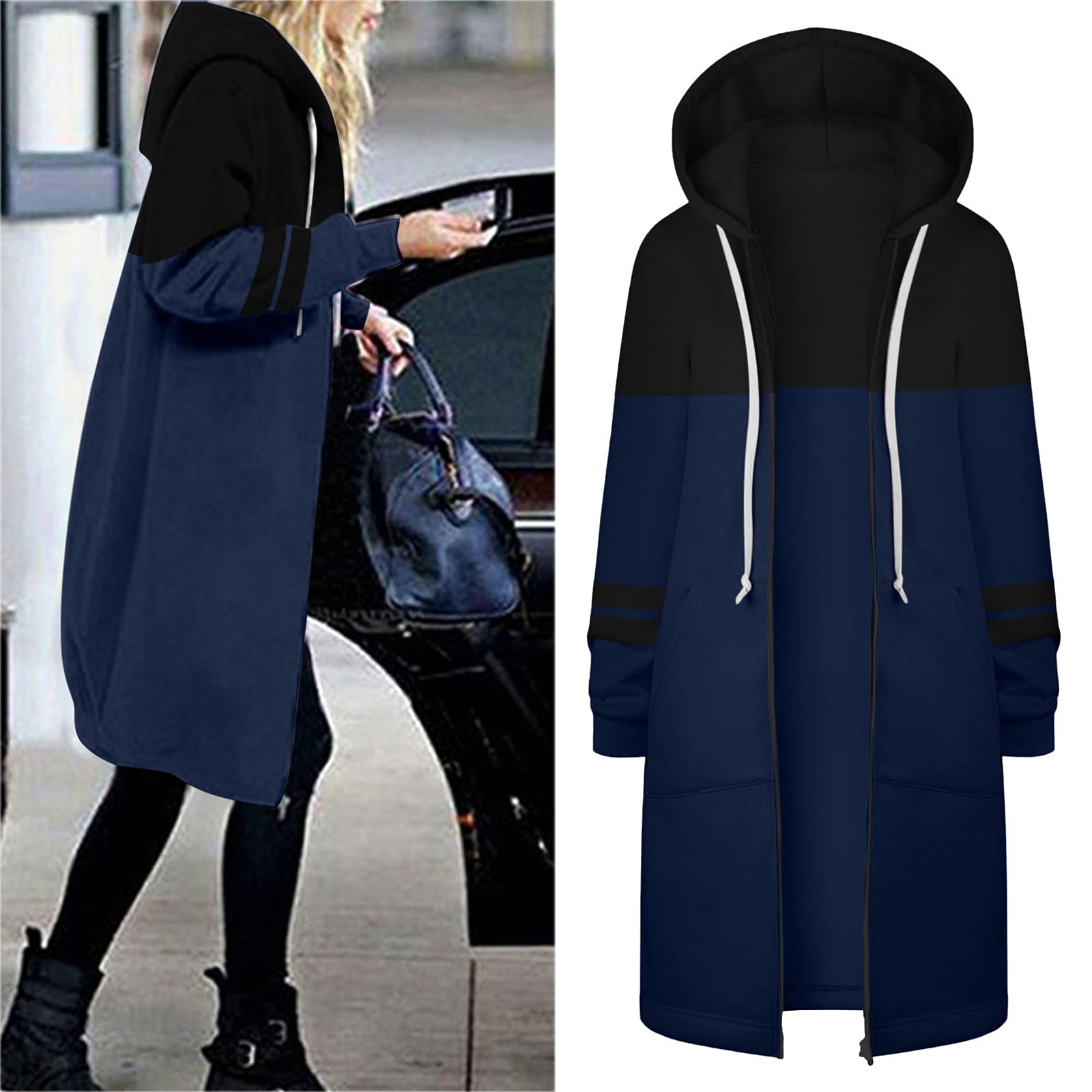 Generisch Regenjacke Damen Warme Oberbekleidung Reißverschluss Offen Hoodies Sweatshirt Lange Farbkontrast Tasche Mantel Jacke Causal Top