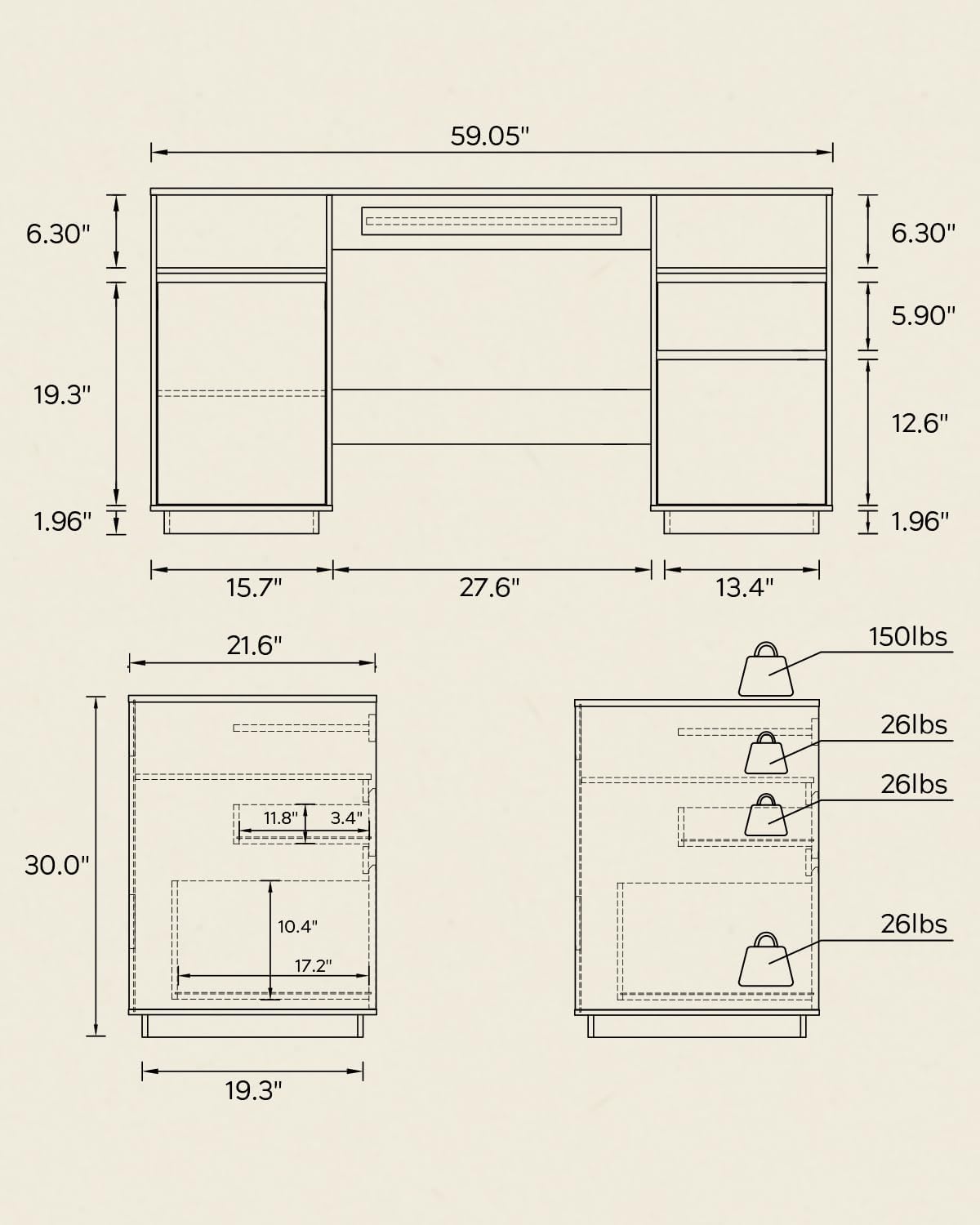 Farmhouse Executive Desk with File Drawer 59" Large Computer Desk Home Office Desk with Charging Station, Keyboard Tray, Storage Cabinet Modern Workspace for Study, Writing, Brown