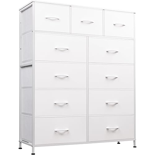 WLIVE Storage Organizer Unit with 11 Fabric Bins, Storage Drawers Organizer with Steel Frame, Tall Storage Tower Organizaton for Living Room, Hallway, Office, White