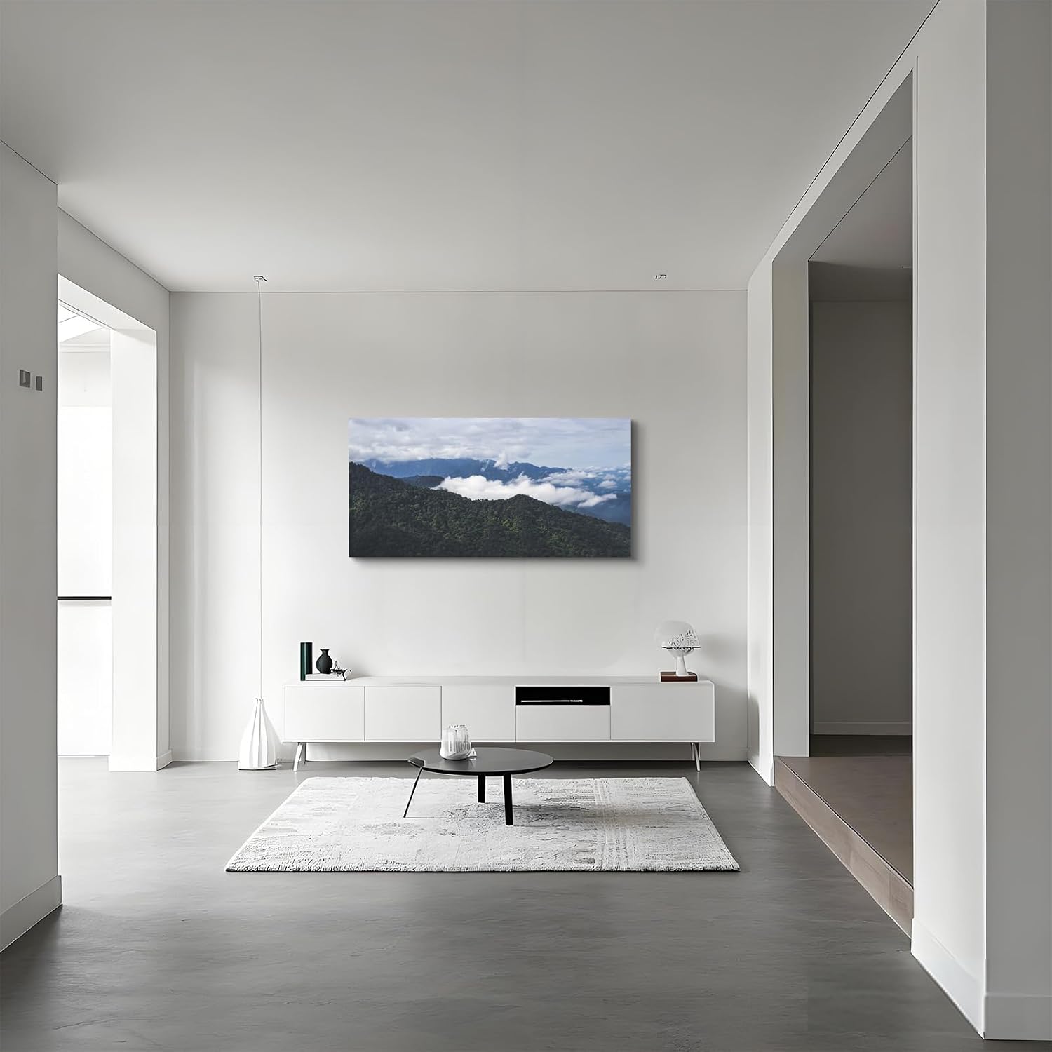 Craftline - Mountain Canvas Wall Art Misty Forest Photo White Clouds Nature Landscape Picture Modern Poster Framed Artwork for Living Room Office Bedroom Decoration 32x16inch