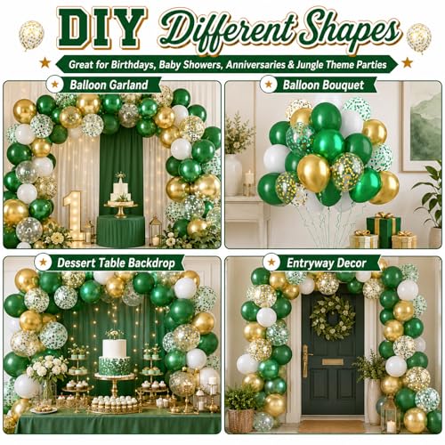 Image of Green and Gold Balloons, 60PCS Metallic Gold and Green Balloons Set, 12 Inch Metallic Confetti Latex Balloon Helium for Birthday Safari Jungle Baby Shower Anniversary Graduation Party Decor