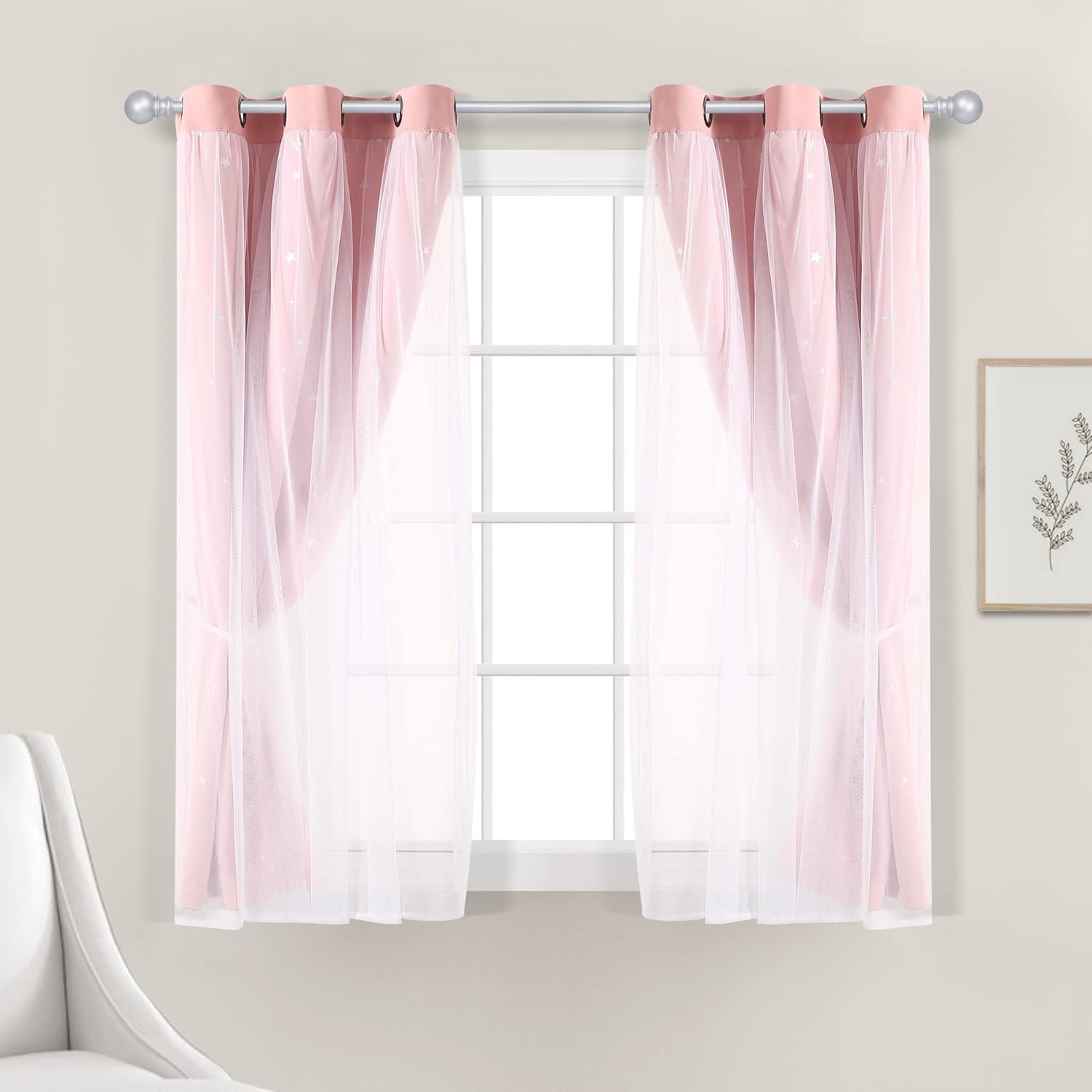 Lush Decor Star Sheer Insulated Grommet Room Darkening Window Curtain Panels Pair 38" W x 63" L Pink - Kids Curtains for Bedroom - Pink Nursery Decor