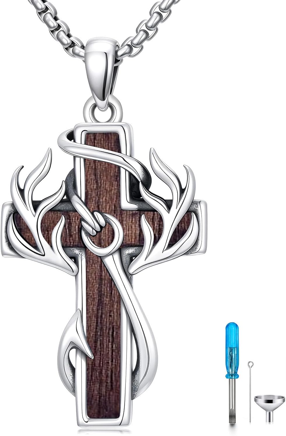 Cross Necklace for Men 925 Sterling Silver Cross Deer Antler Fish Hook Pendant Religious Christian Hunting Jewelry Birthday Gifts
