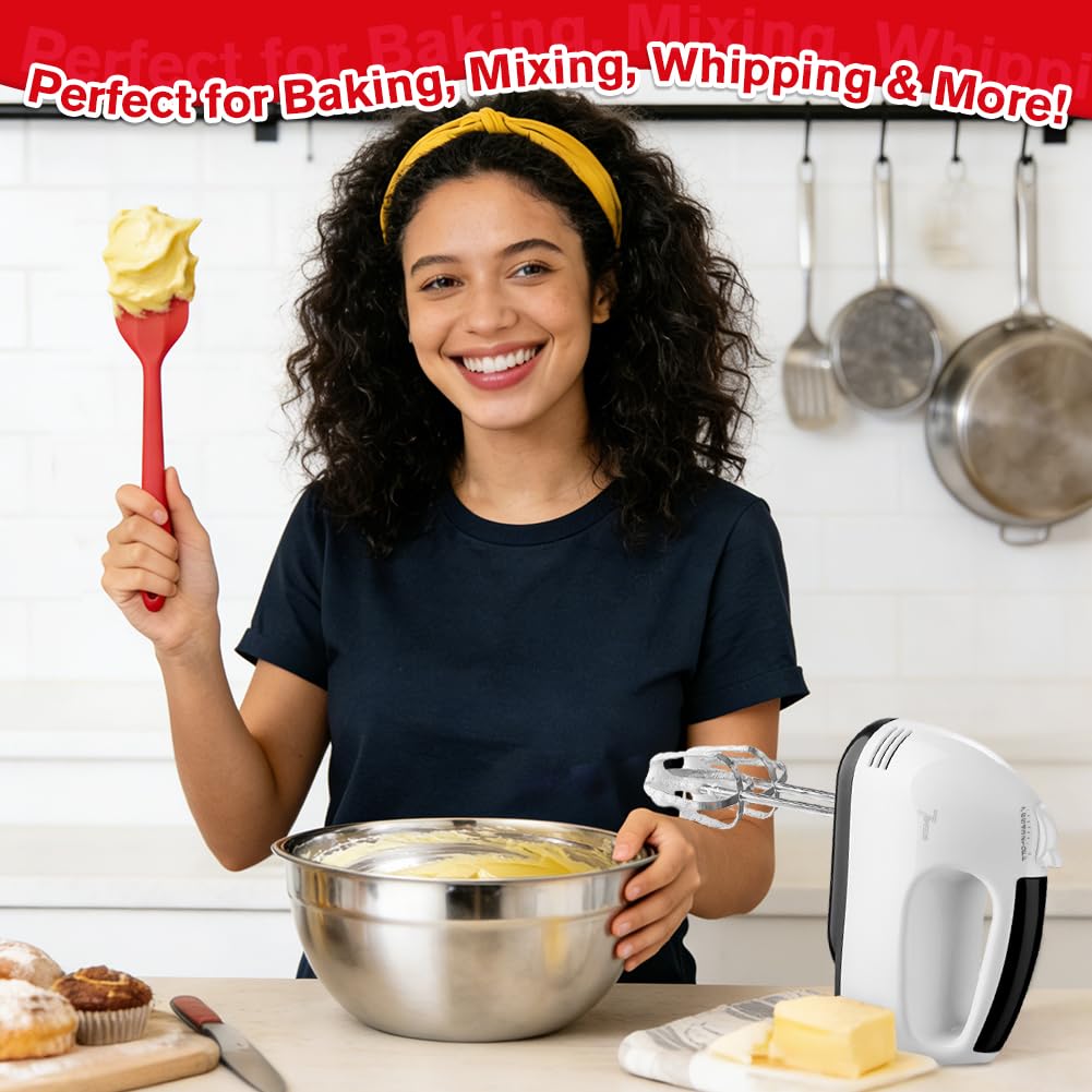 Elektrischer Handmixer mit Edelstahl-Schüssel-Set–Handmixer mit Turbo-Boost-Funktion und 7 Geschwindigkeitsstufen, großen Rührschüsseln, Messbechern, Löffeln und Silikonspatel für das Backen in Küche