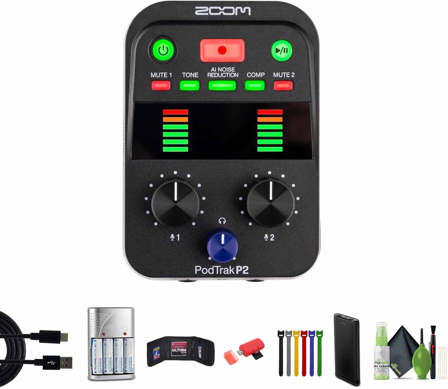 Zoom PodTrak P2 Podcast Recorder with 2 USB Mic Inputs, 2 Headphone Outputs, AI Noise Reduction, Tone & COMP Effects, Guest Recording Bundle with 64GB Memory Card + More