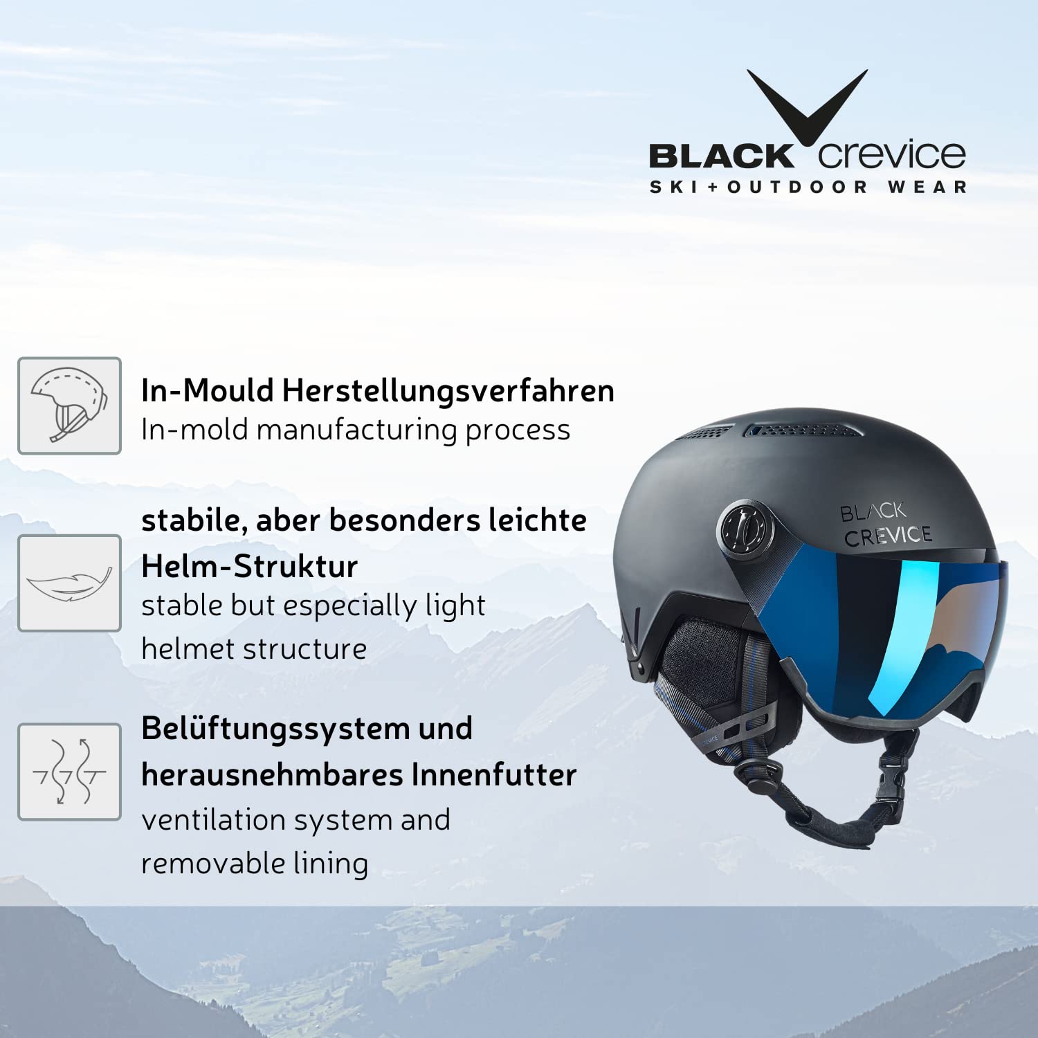 Black Crevice Kask narciarski Chamonix I kask narciarski z wizjerem w stylu pilota, kask narciarski dla mężczyzn i kobiet, unisex, kask snowboardowy, oddychający kask narciarski, regulowany rozmiar