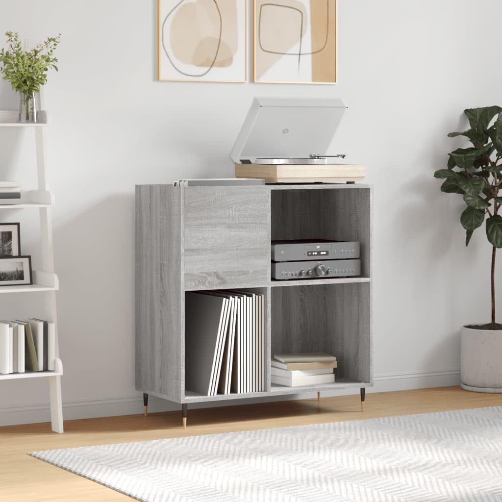 Estantería para discos LP y mesa de tocadiscos en madera gris Sonoma