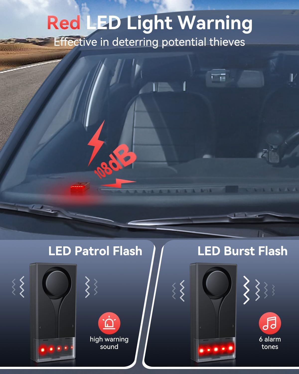 Auto-Vibrationsalarm mit Ton und Licht und Fernbedienung, ELECTOP 108 dB Auto-Diebstahlschutz-Vibrationsalarm, Diebstahlschutz-LED-Blinklicht, kabelloser Fahrzeug-Sicherheitsalarm mit 2 Stück Alarm