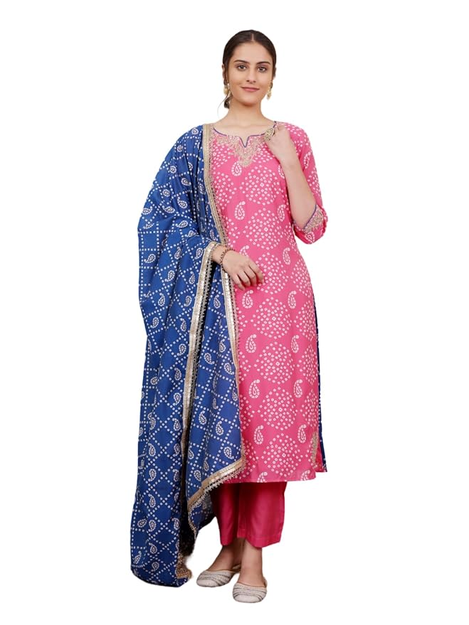 SAVI Women’s Chanderi Silk Bandhani Printed Kurta Set with Pure Cotton Bottom & Dupatta | Ethnic Straight Kurti Suit Set for Festive & Casual Wear
