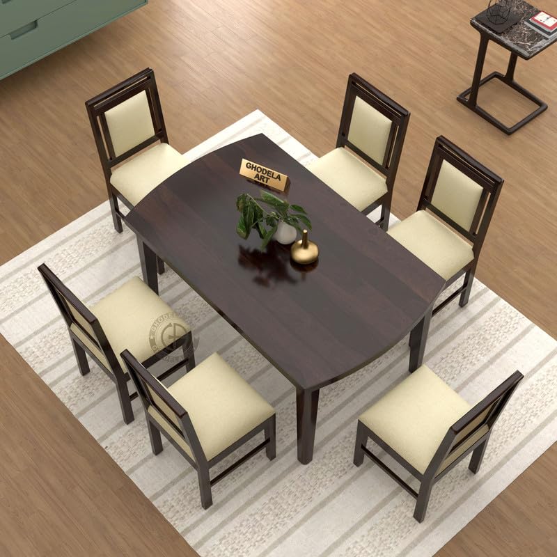 Image of Sheesham Wood Oval Dining Table with Cushion Chairs Set for Home Hall | Solid Wood Dinner Table with Chairs for Hotels | Dining Room Sets (Walnut Finish, 6 Seater)