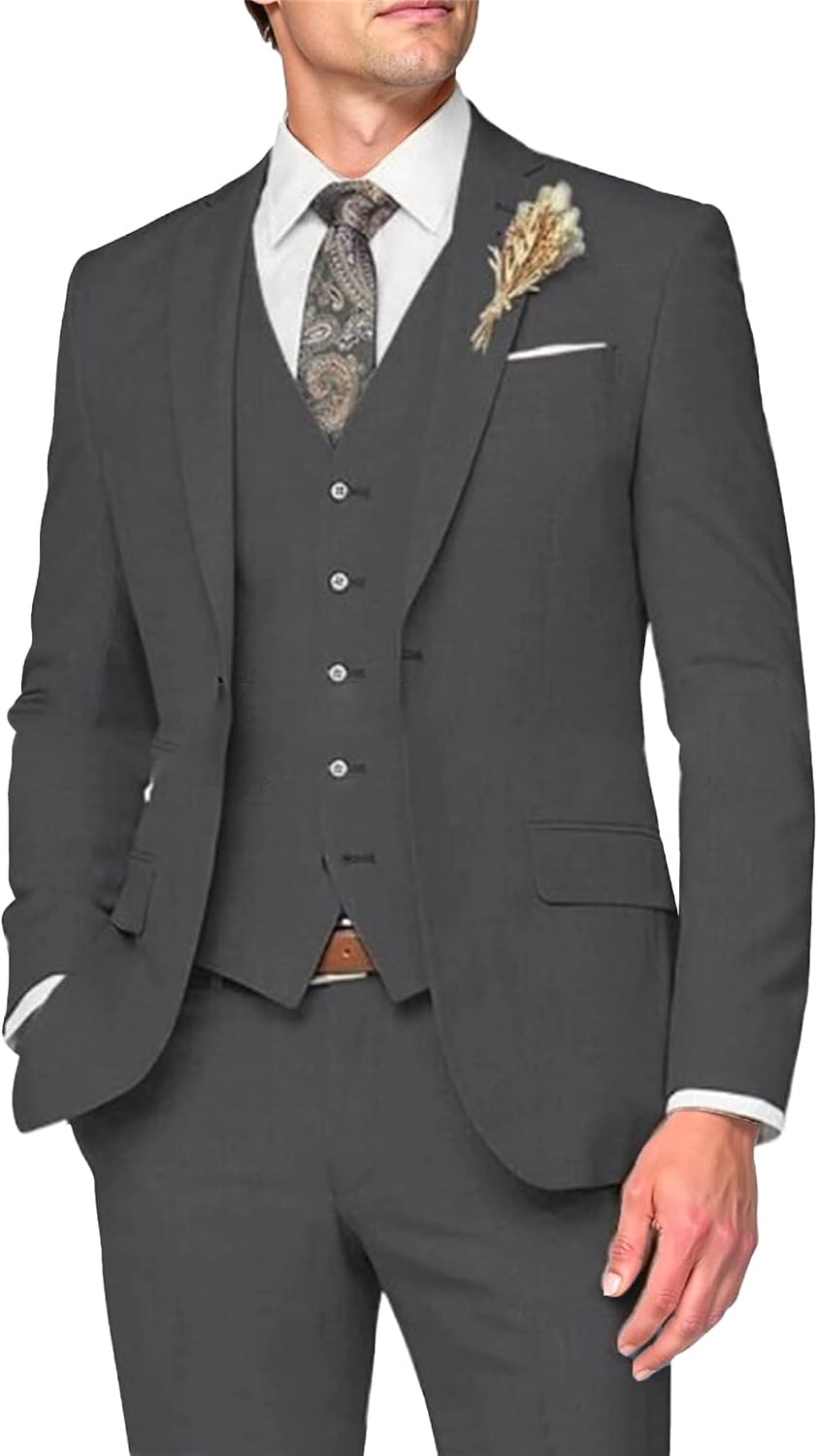 Men's Suits Slim Fit 3 Piece Business Wedding Party Suit Set One Button Blazer Jacket Vest Pants Sets