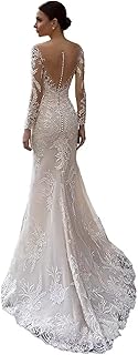 Mermaid Wedding Dresses for Bride Lace Appliques Satin Beach Bride Dress with Sleeve LW02