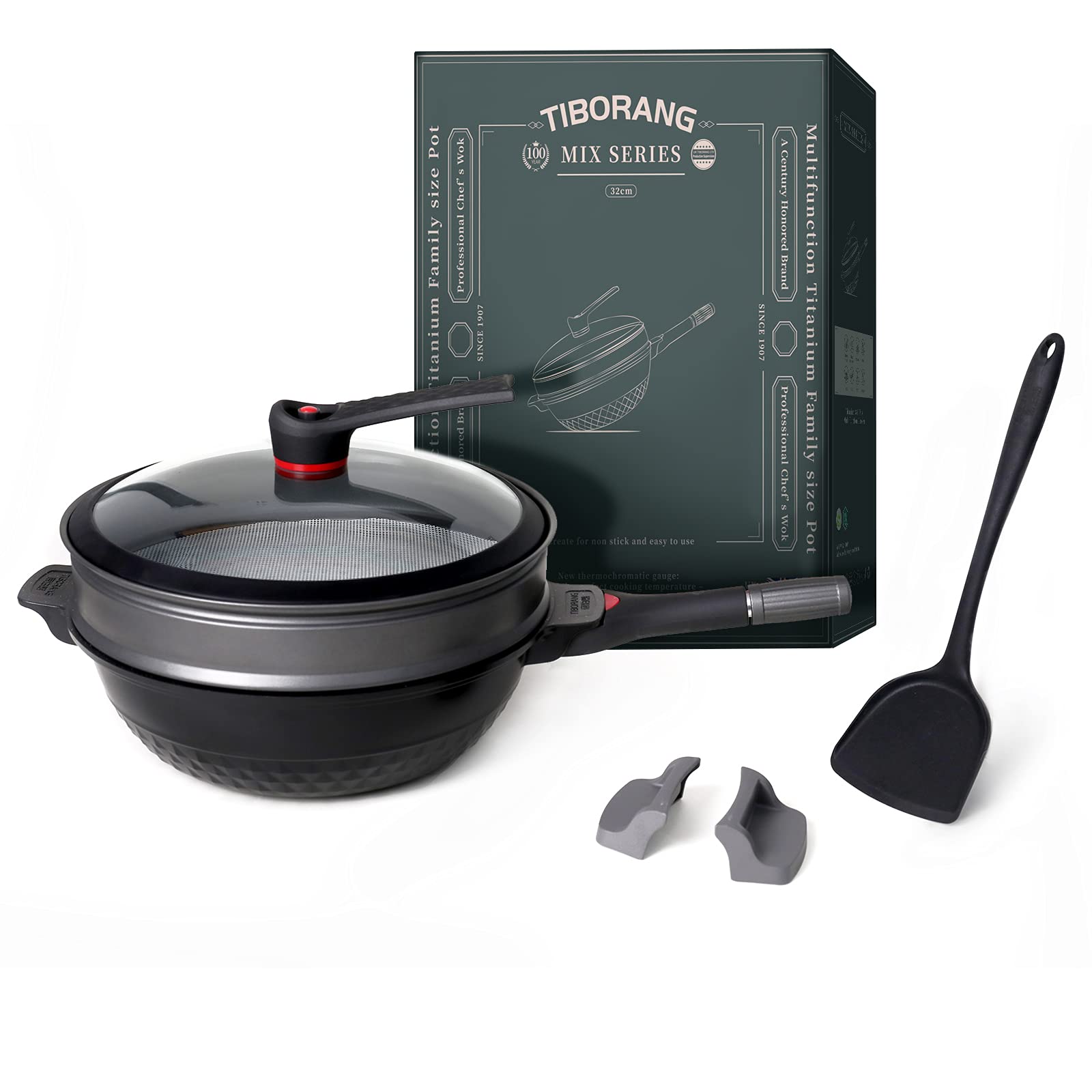 TIBORANG Nonstick 8 in 1 Multipurpose Woks and Stir Fry Pans,12.6 Inch 7-layer Coating Heat Indicator Cookware Chinese Wok with Transparent Glass Lid, Silicone Spatula,Steamed Grid,6L(Black)