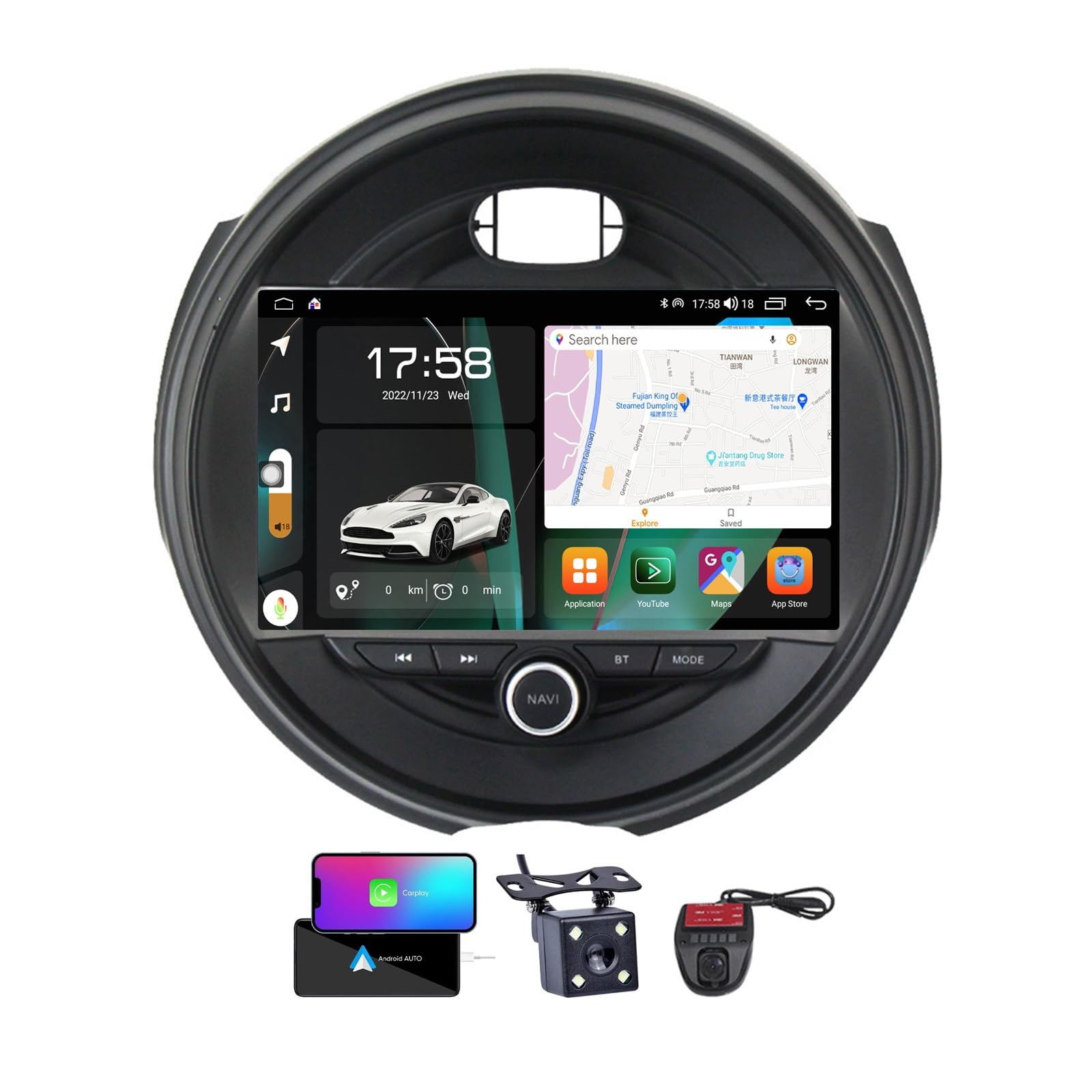 Autoradio Android 13 Mini avec caméra de recul anti collision stationnement