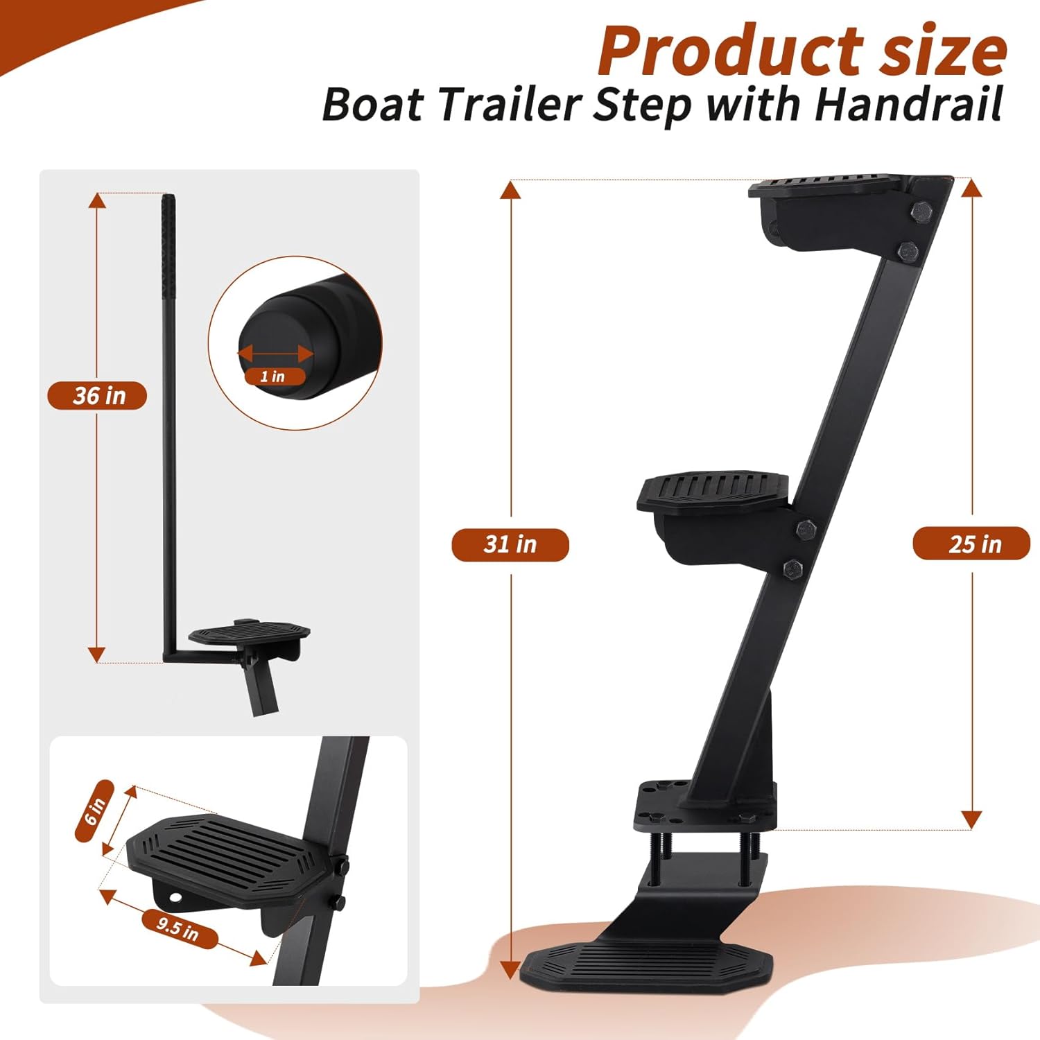 Boat Trailer Steps, Heavy Duty 3 Step Bass Boat Steps for Trailer, Fit for Most Deep V Trailer Tongues 3-4" W x 5" H Tongues, with Handrail & Rubber Anti Slip Mat, 500lb