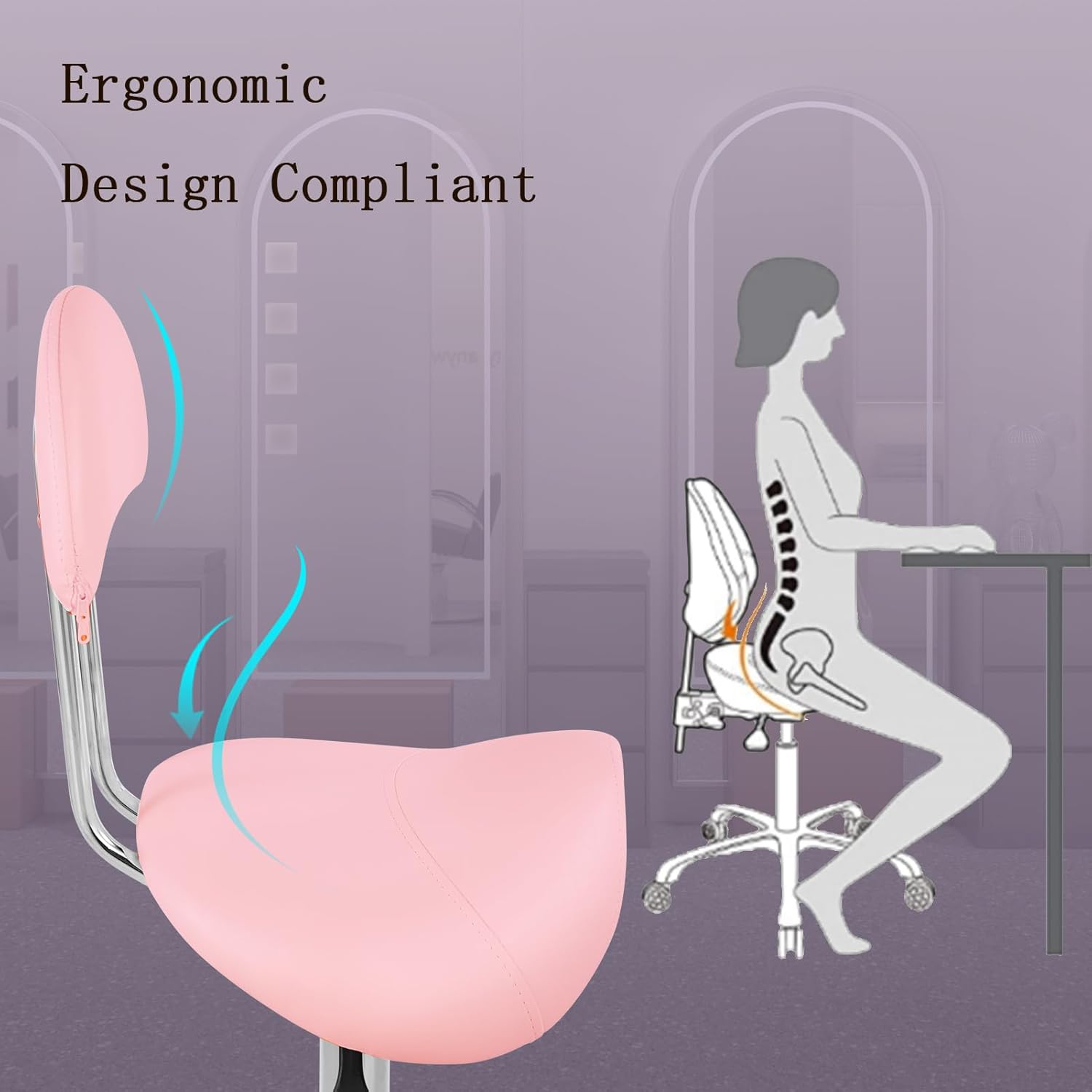 Saddle Chair Rolling Ergonomic Swivel Chair with Soft Comfortable Cushion and Wheels Hydraulic Adjustable Stool for Home Office Dental Tattoo Salon Shop Use with Backrest (Pinksilver)