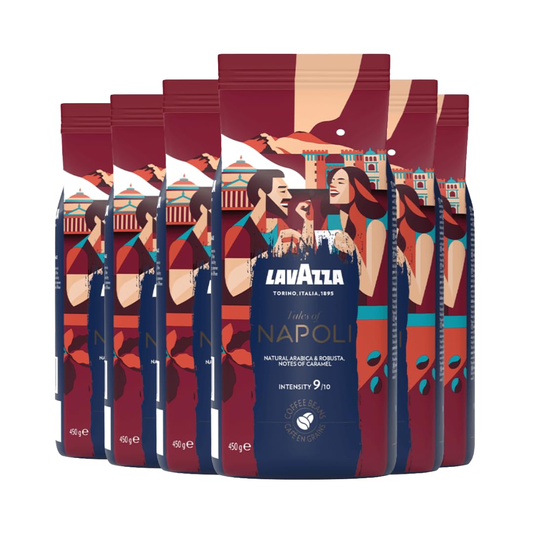 Lavazza - Lot de 2,7Kg Tales of Napoli - 6x450g - Pour les Machines à Café Automatiques, Notes de Cacao et de Caramel, Arabica et Robusta, Intensité 9/10, Torréfaction Foncée