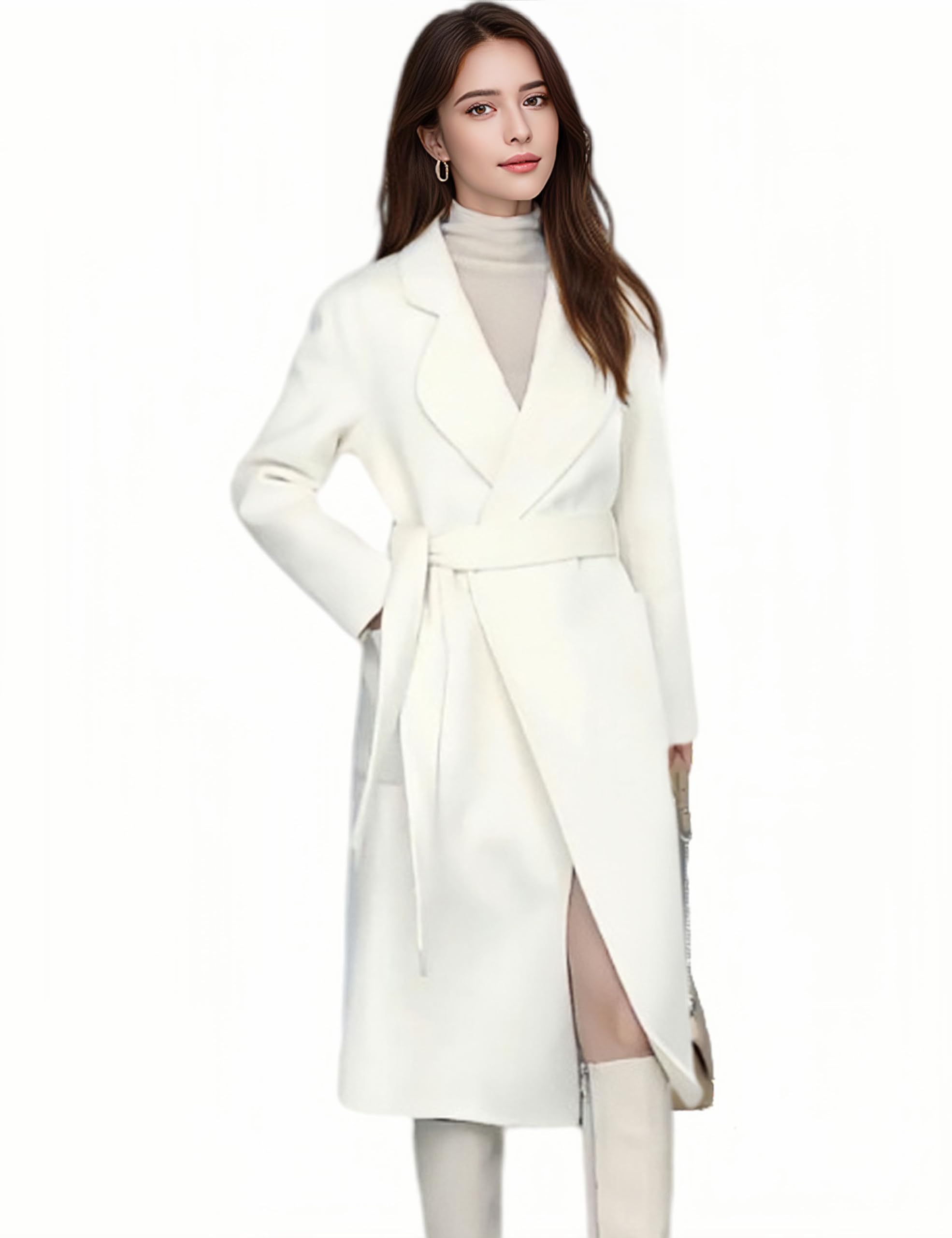 GL SUIT Womens Trench Coat with Belted 100% Wool Coat Windproof Lightweight Jacket Notched Collar Woolen Overcoat Winter Slim Fit Warm Outerwear,White,M