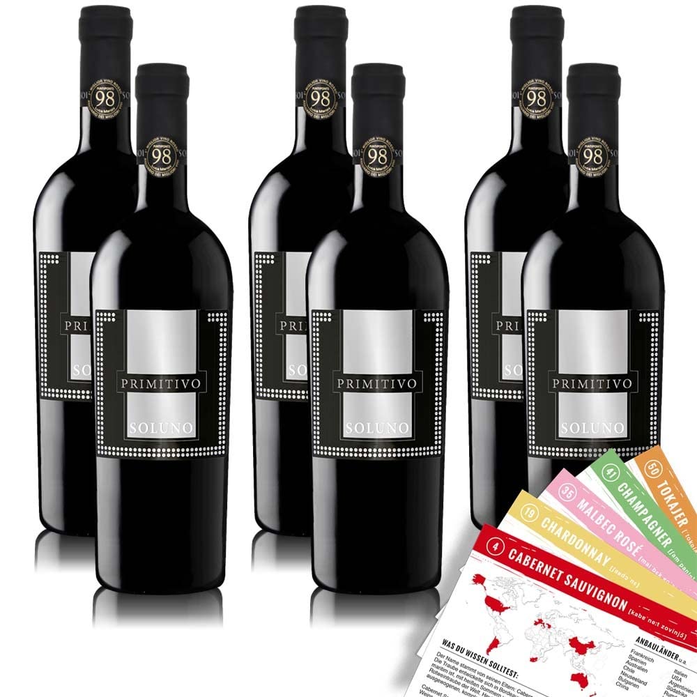 Soluno Primitivo Salento IGP, halbtrocken, sortenreines Weinpaket + VINOX Winecards (6x0,75l)