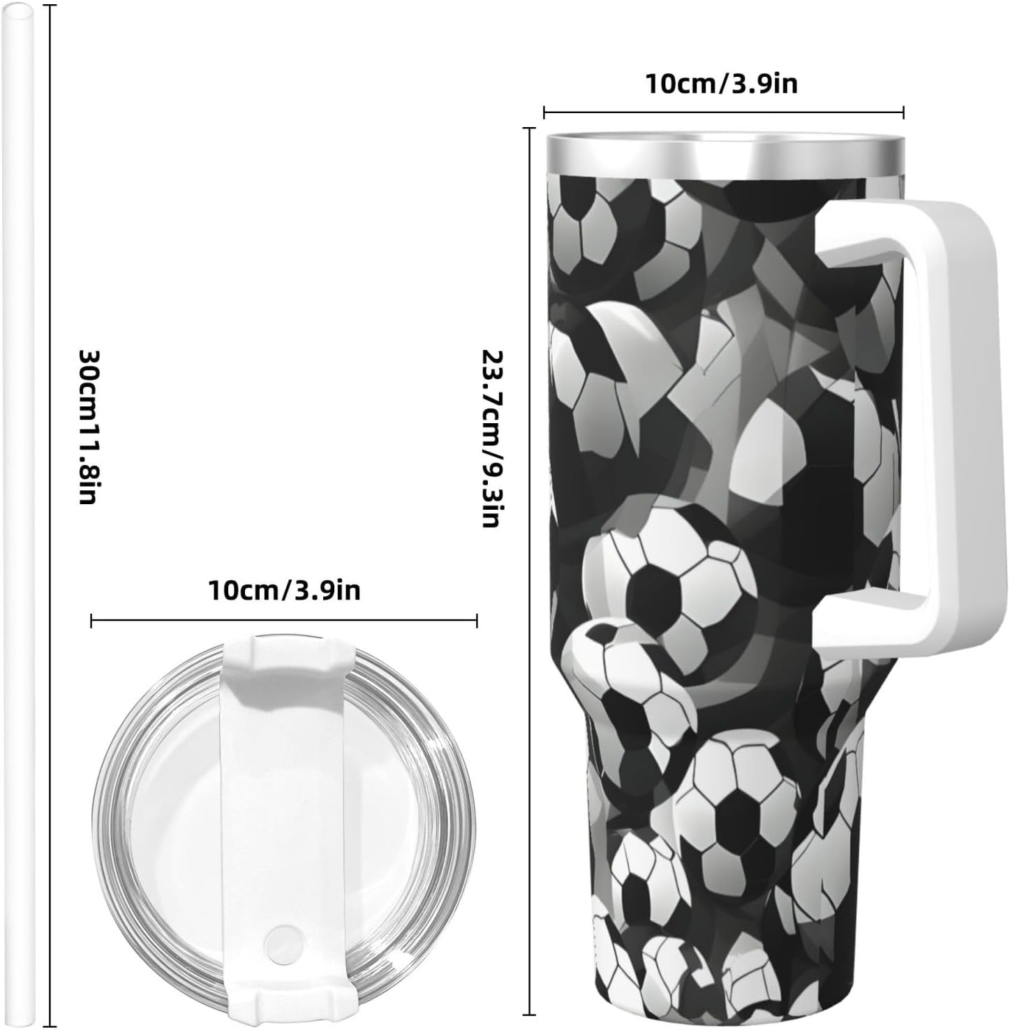 40 OZ Black and White Soccer Ball Pattern Print Ice Bully Cup with Handle Straw Lid Straw,Stainless Steel Tumbler Coffee Cup