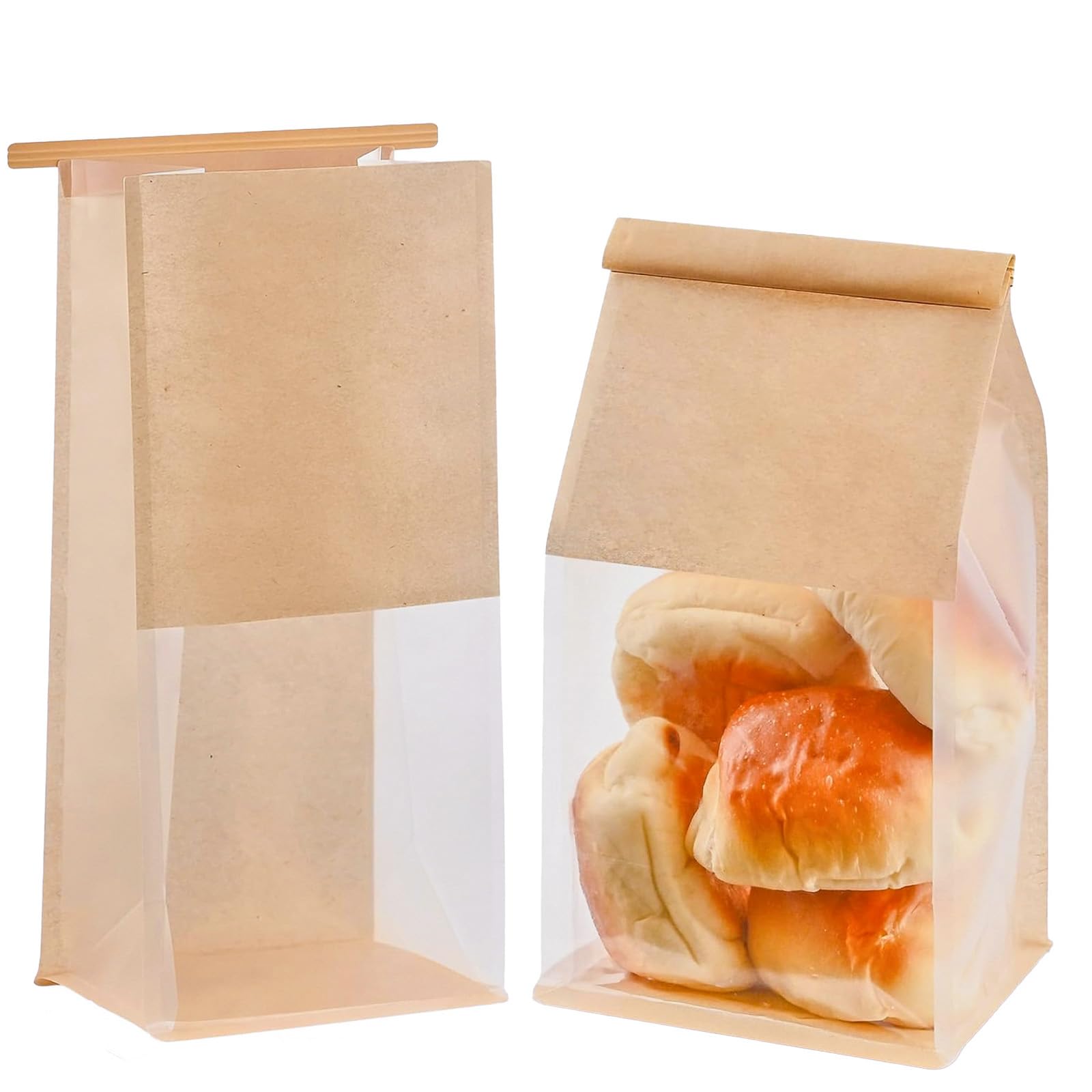 30Pcs Kraft Paper Bread Bags with Window,13 * 28+10cm Bakery Bags for Toast Homemade Bread with Ties,Oil proof,Food Storage Pouches Home Baking(Brown)