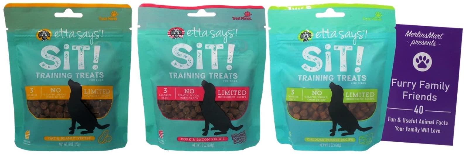 Etta Says! Sit! Soft Chewy Dog Training Treats Flavor Variety, (1) Each:  Oat Peanut Butter, Pork Bacon, Cheddar Cheese (6 Ounces) Plus Fun Facts