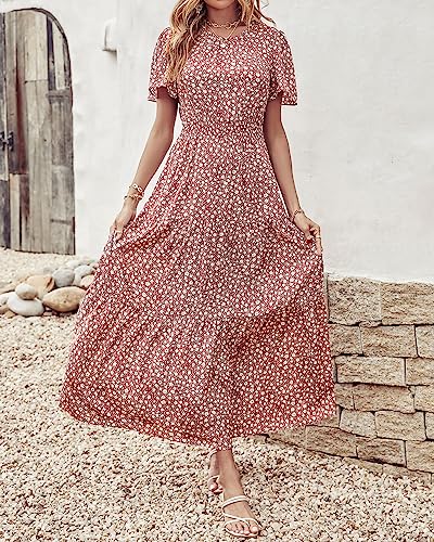 Image of PRETTYGARDEN Women's Casual Smocked Boho Floral A-Line Maxi Dress 2026 | Summer Short Flutter Sleeve Crewneck Tiered Long Sundress,Fall Wedding Guest Dresses,Spring Cute Flowy Beach Vacation Clothes
