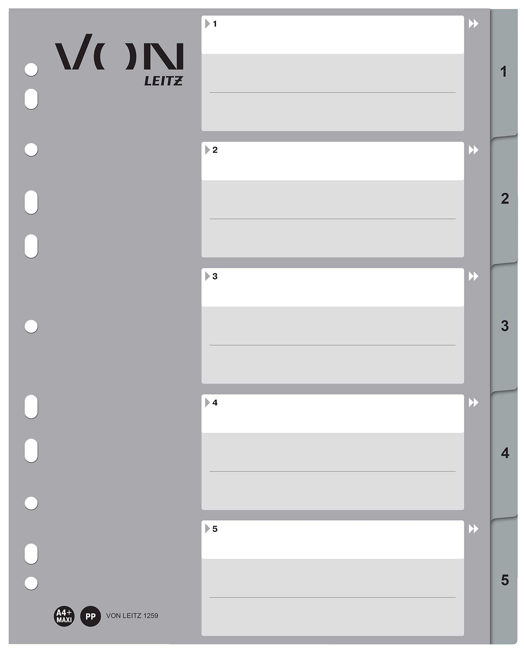 VON Leitz Pack of 10 A4 Number Indexes, 1-5 Numbered Dividers for Folders, Polypropylene, Extra Wide, 11-Hole Universal Index for Loose Leaf Folders and Ring Binders, Grey, 12590085