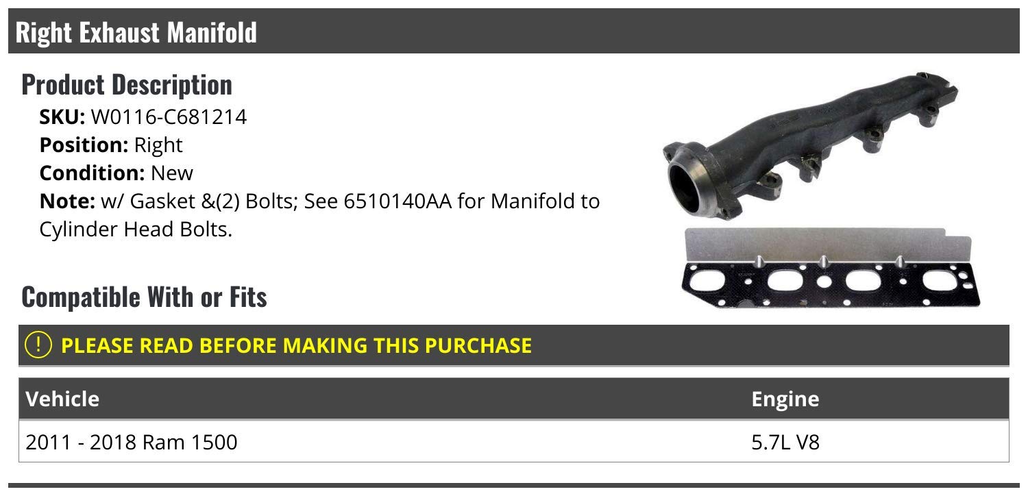 Right Passenger Side Exhaust Manifold with - 2017 ram 1500 exhaust manifold