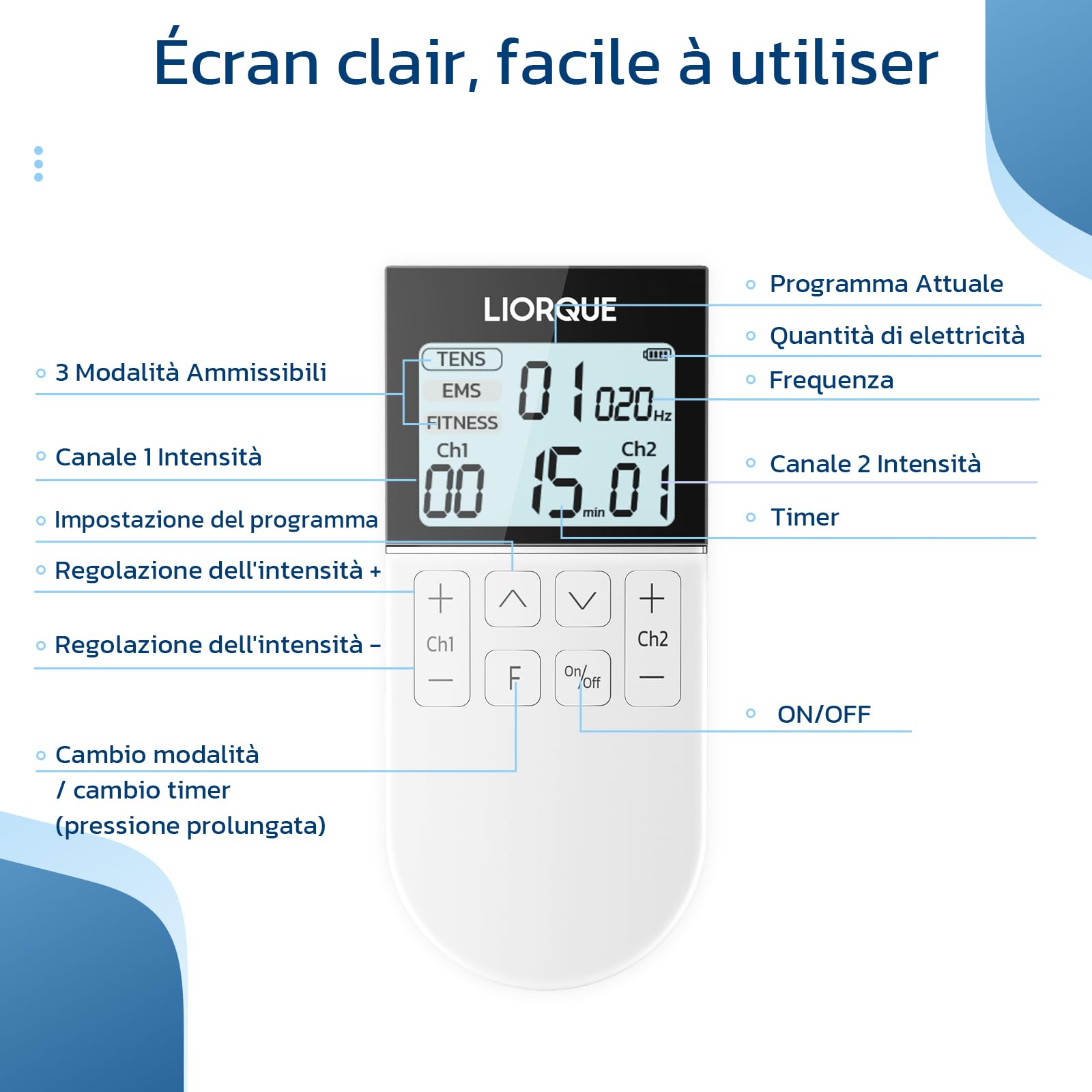 LIORQUE Elettrostimolatore Muscolare TENS/EMS/FITNESS 3 in 1, 50 Modalità, 10 Pezzi di Elettrodi TENS, 16 Livelli di Intensità per Alleviare il Dolore Bianco